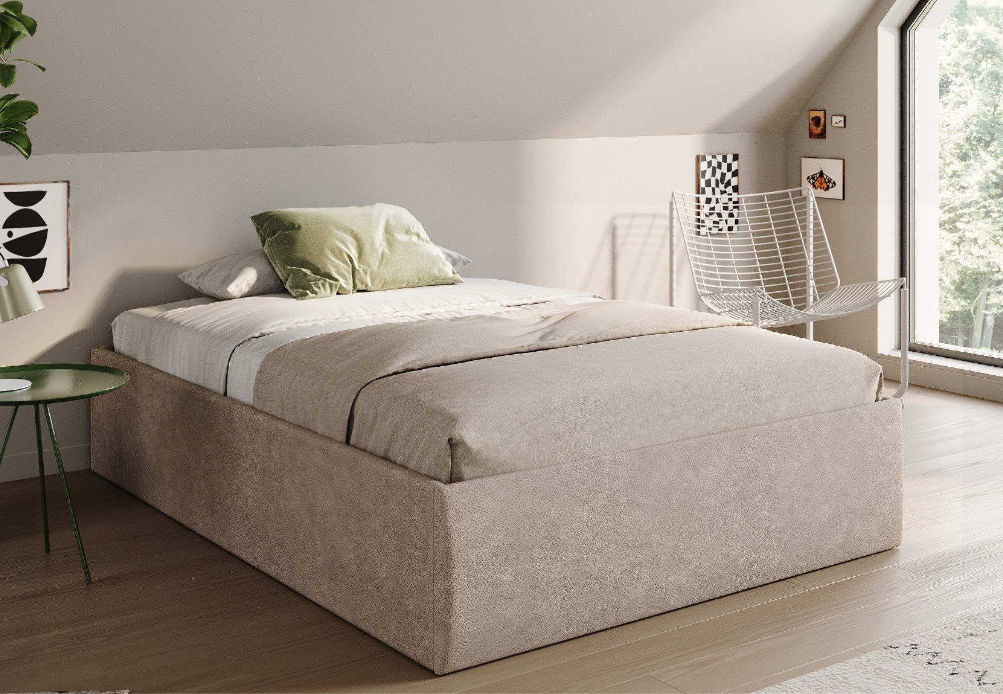 Home Collective Polsterbett Doppelbett Bett ohne Kopfteil mit Stauraum & Lattenrost, viele Größen (Größen: 140x200 160x200 180x200 200x200, hochwertiger Lederoptik-Veloursstoff, made in Germany), platzsparend, verstellbarer Lattenrost Beige