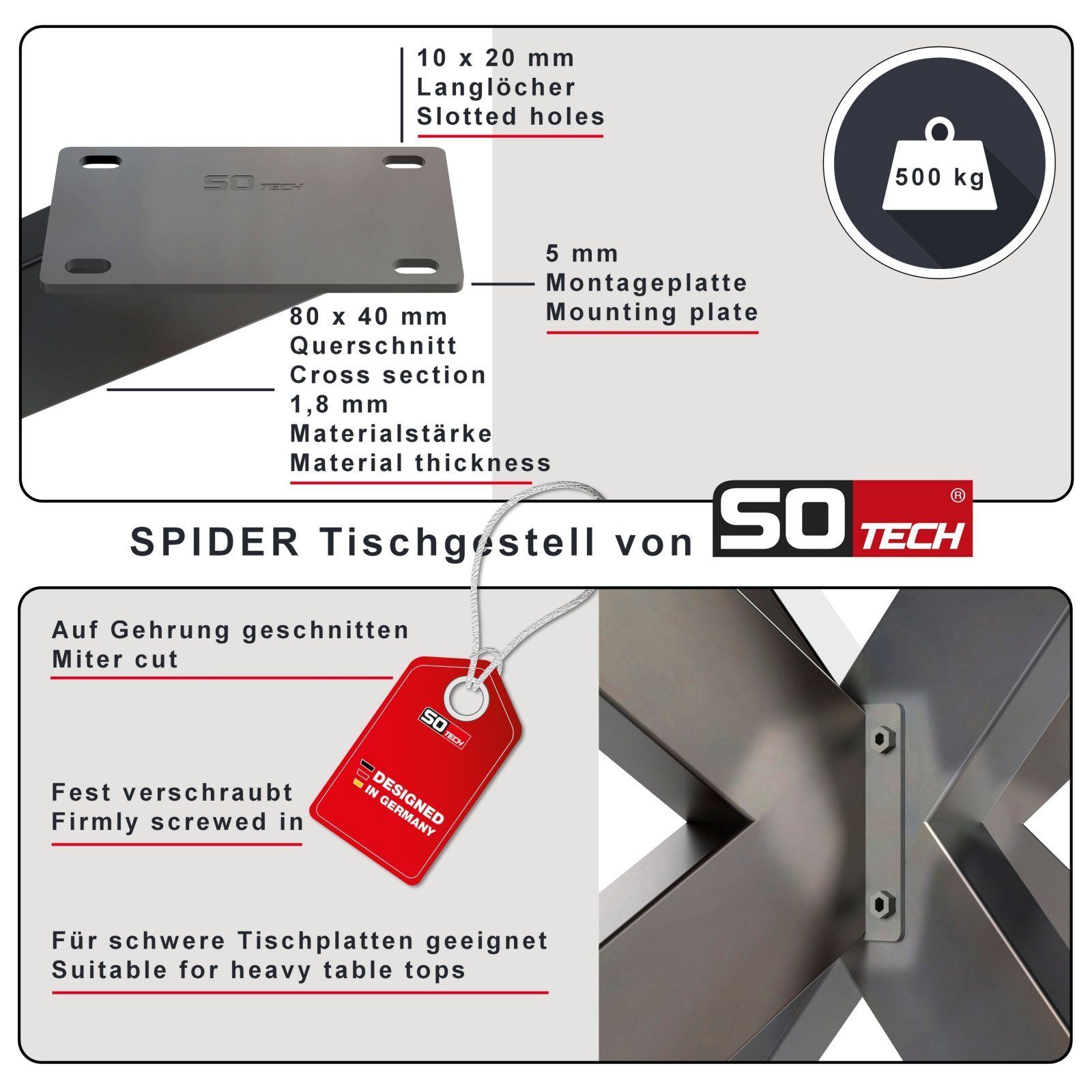 SO-TECH® Tischgestell SPIDER Schwerlast belastbar bis 500 kg, einfache Montage, für Couchtisch Sofatisch, used look, H430 x B580 x L980 mm