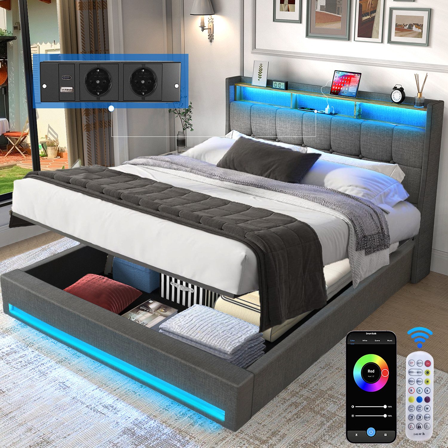 oyajia Polsterbett Hydraulisch Bett LED Doppelbett 160x200cm, mit Stauraum und Lattenrost (Kopfteil mit Ablage und USB-Ladefunktion, mit Bettkasten zum aufklappen), Doppelbett mit gepolstertem, robustes Gestell, hoher Liegekomfort