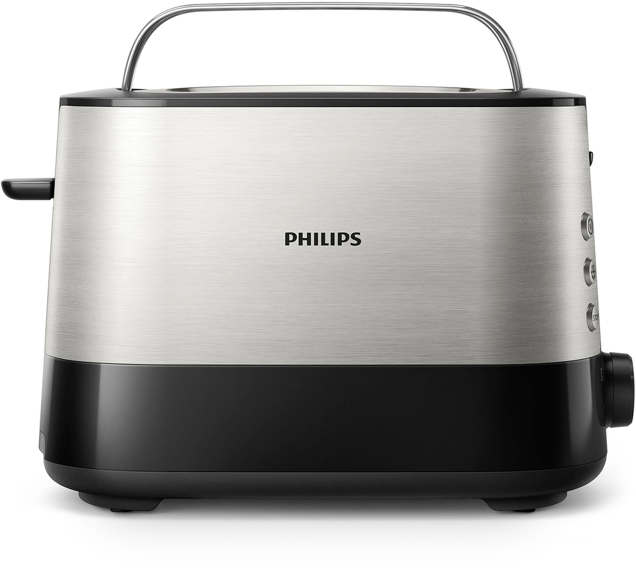 Philips Toaster HD2637/90 Viva Collection, 2 kurze Schlitze, für 2 Scheiben, 950 W, Brötchenaufsatz, Krümelschublade, 7 Bräunungsstufen, Silber