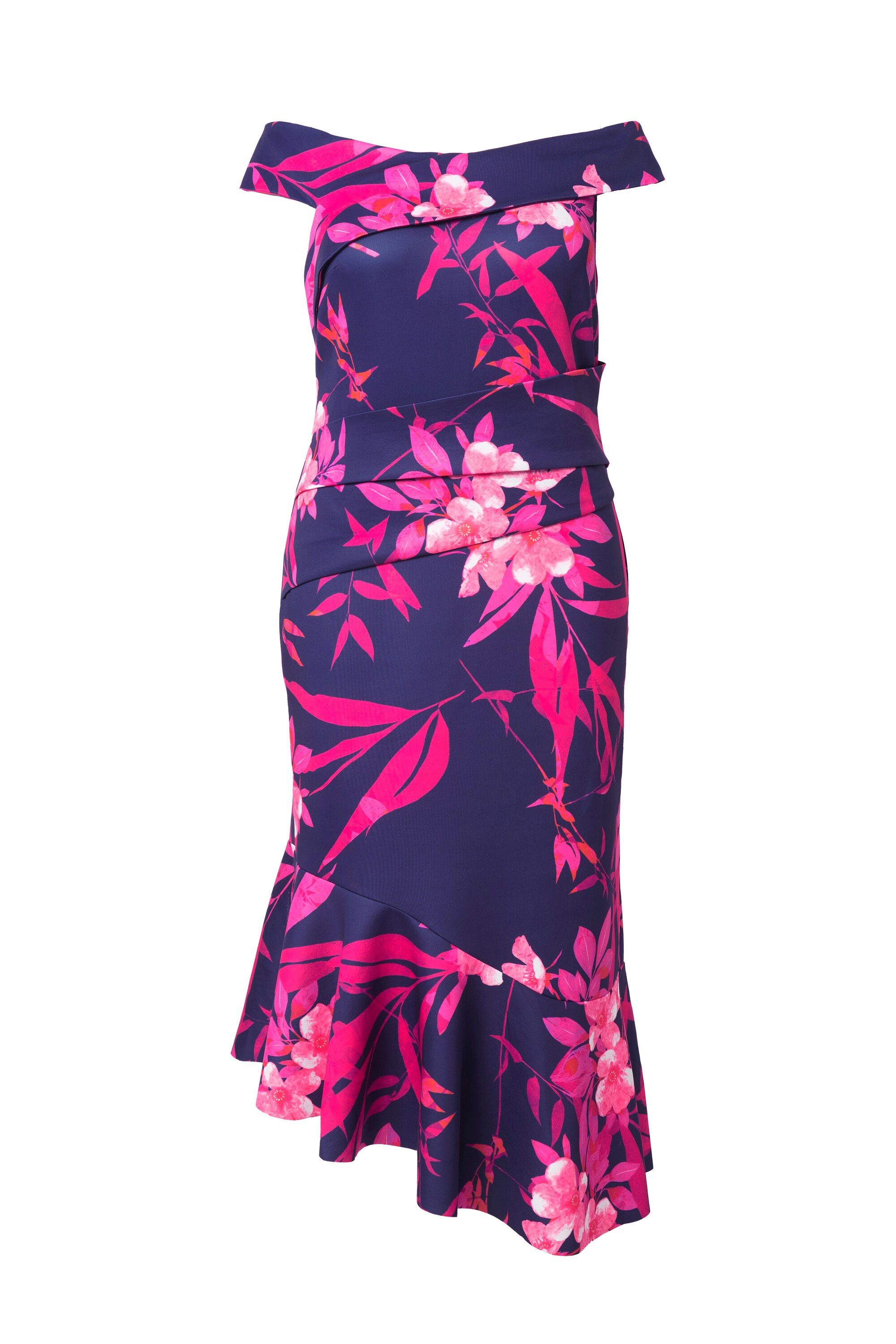 Ulla Popken Cocktailkleid Scuba-Maxikleid Muster Carmenausschnitt Drapierun günstig online kaufen