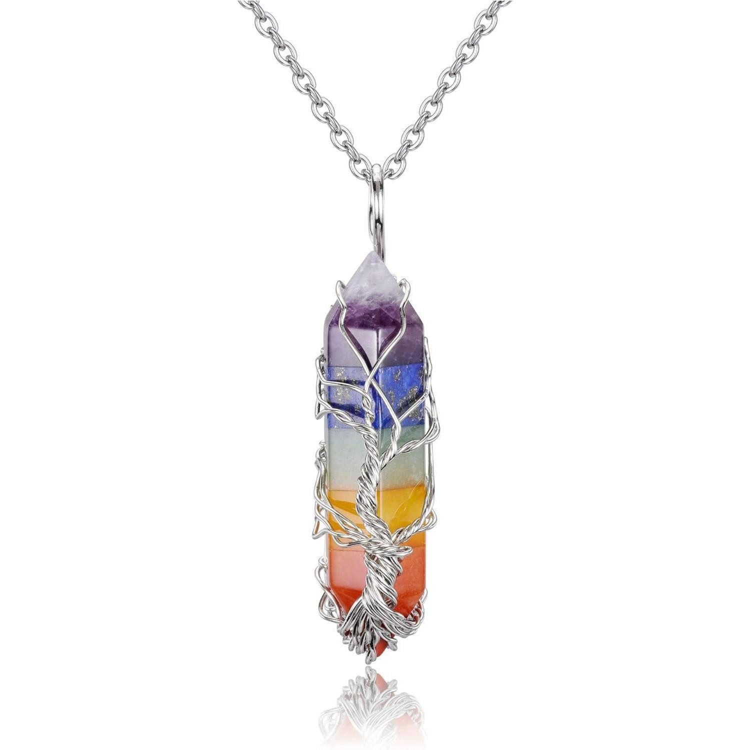 LuxusKollektion Kristallanhänger Edelstein 7 Chakra Schmucksteine Halskette Silber Lebensbaum Amulett