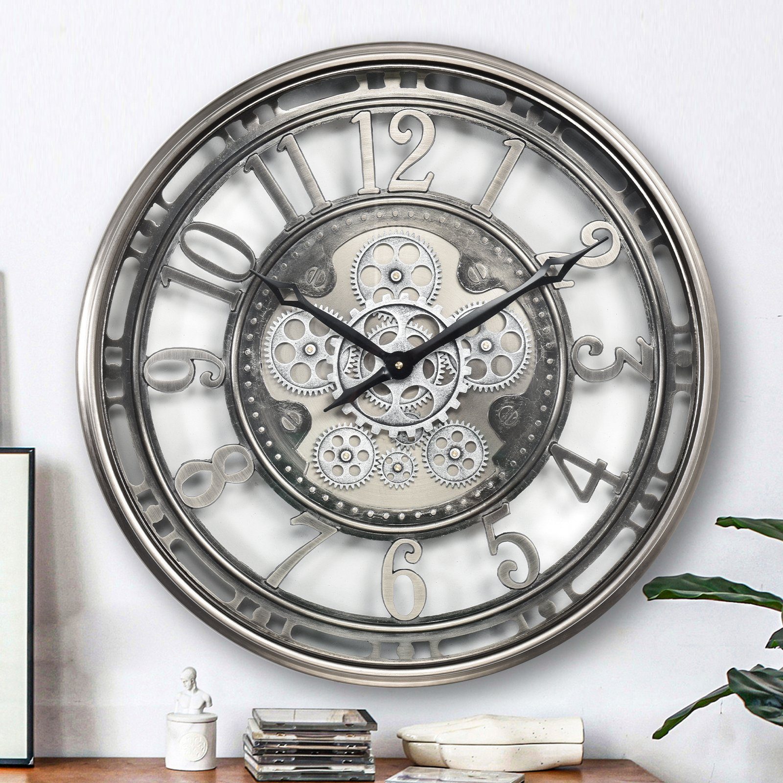 Samilito Wanduhr 53,3 cm mit echtem Bewegungsgetriebe Zahnrädern Silber günstig online kaufen