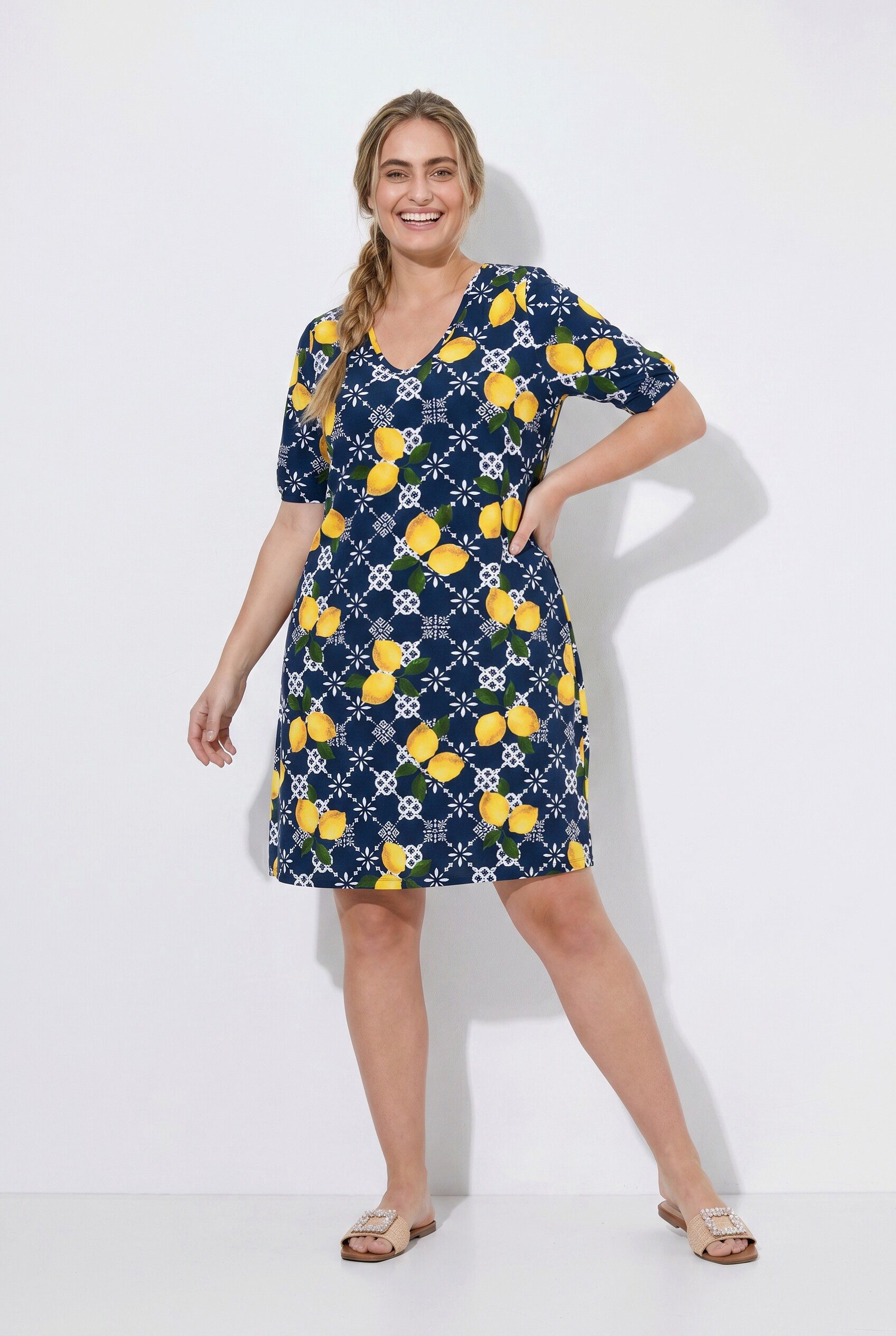 Ulla Popken Midikleid Strandkleid Zitronen A-Linie V-Ausschnitt Halbarm
