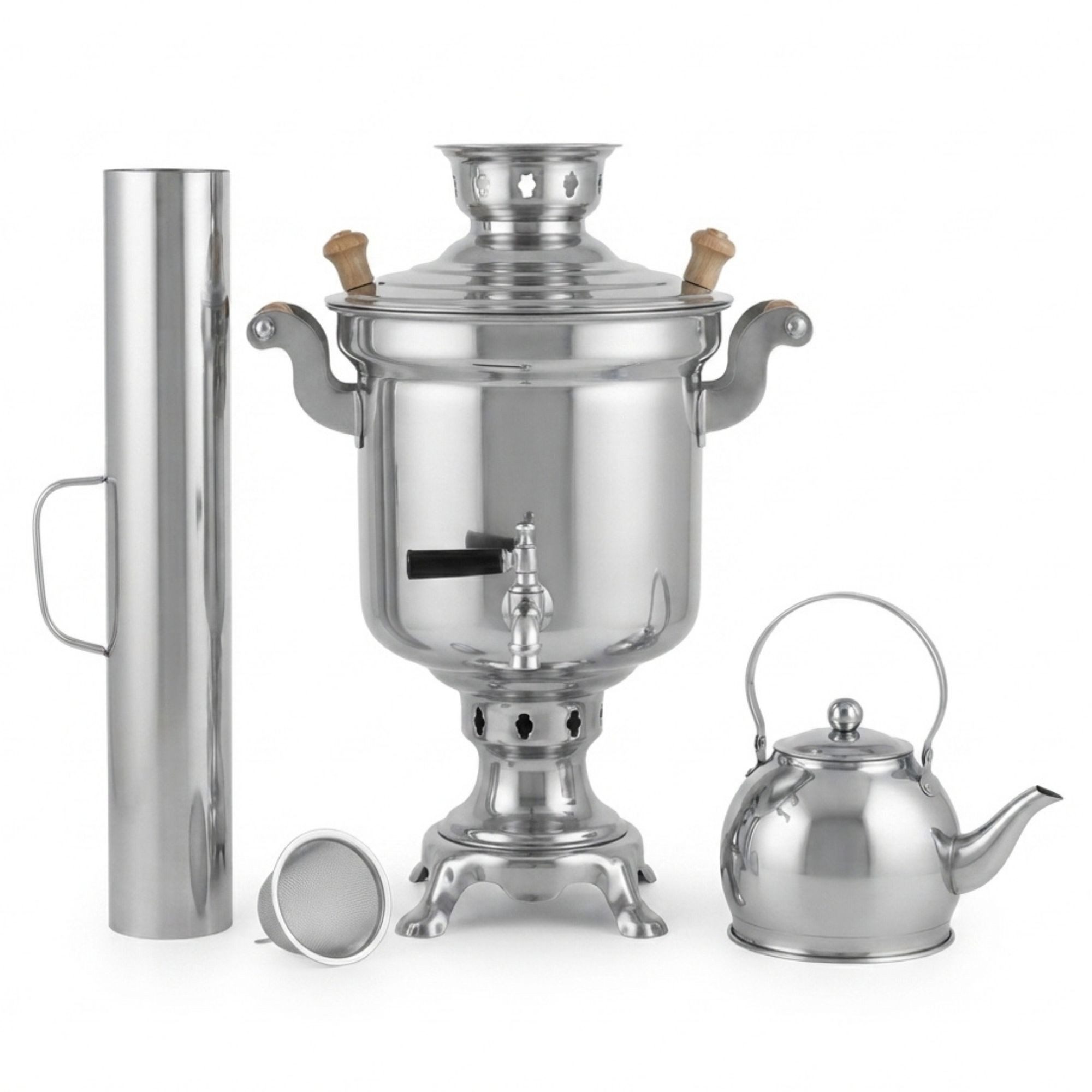 BIG-PAN Wasserkessel Edelstahl Holzfeuer-Samowar 5 Liter Schornstein Teekanne 1 Liter Sieb, Edelstahl (Holzfeuer-Samovar, Teekocher Teemaschine), Tea Maker with – Bild 5 von 5