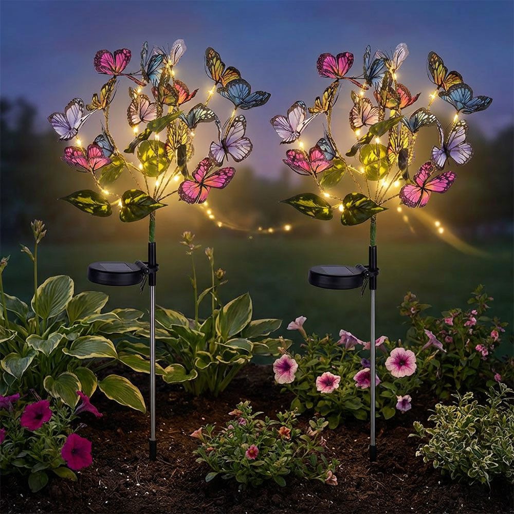 Haushalt International LED Dekofigur, LED-Leuchtmittel fest verbaut, Warmweiß, 2x Solar Steckleuchten LED Gartendeko Schmetterlingsschwarm