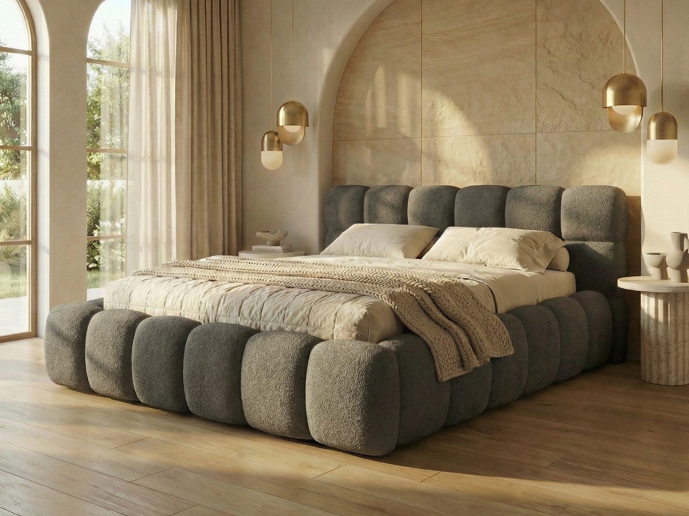 yourhouse24 Polsterbett Boston Slim Bouclé kompaktes Wolkenbett mit Bettkasten, Bubble-Optik & Japandi