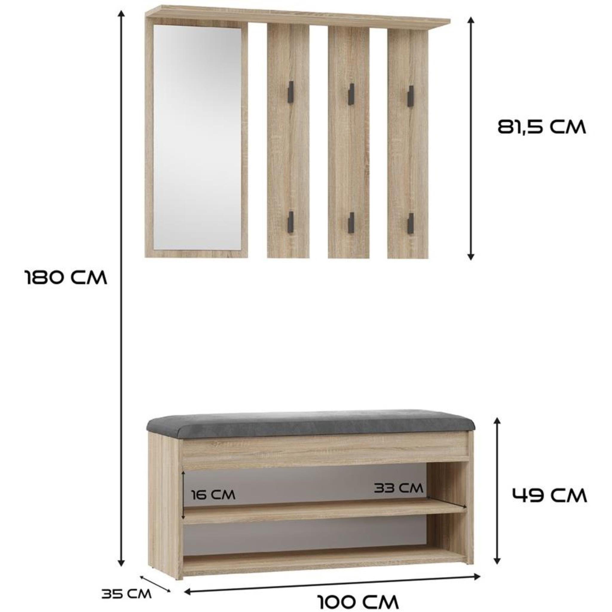 Spiegel & Schuhschrank, Calinda, 6 Garderoben-Set Set, Sonoma Flur schwarze Kleiderhaken, Beautysofa Dieleschrank, Flurgarderobe), offene (Diele