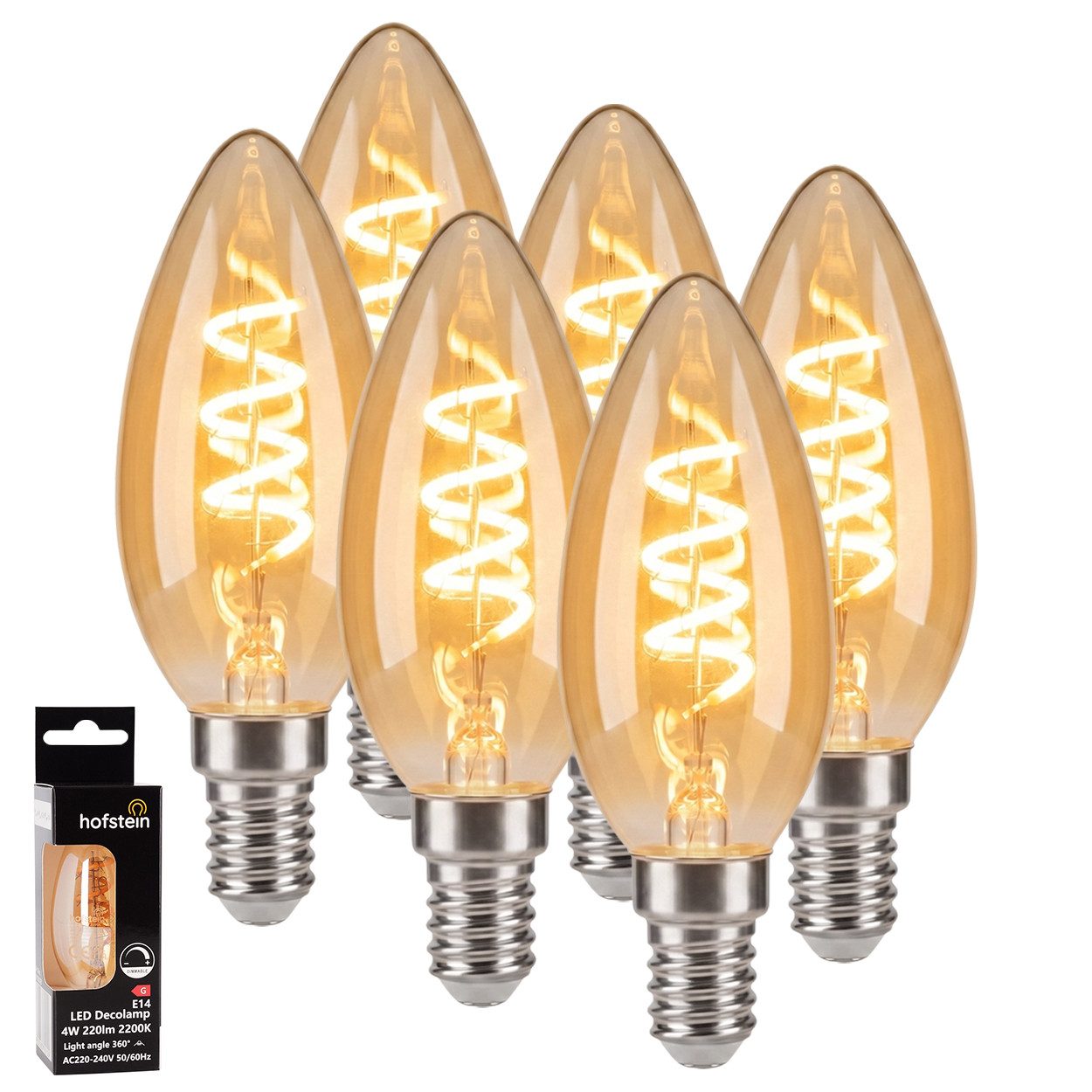 hofstein LED-Leuchtmittel 6er Set Glühbirne Extra Warmweiß dimmbar 4 Watt, E14, 2200 Kelvin, 220 Lumen, Kerze, Filament Spirale, Amber