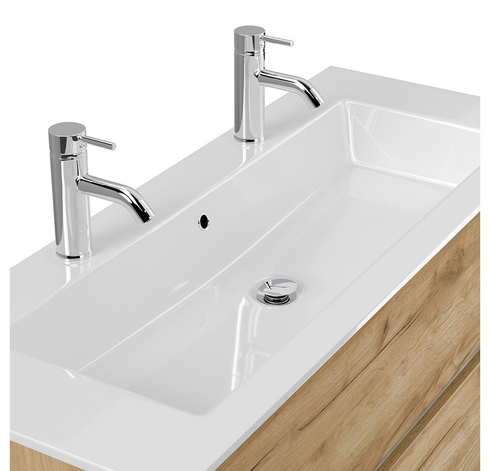 Thumbnail - Lomadox Doppelwaschtisch LIVIGNO-02, 120cm breit, Mineralgusswaschbecken, Eiche