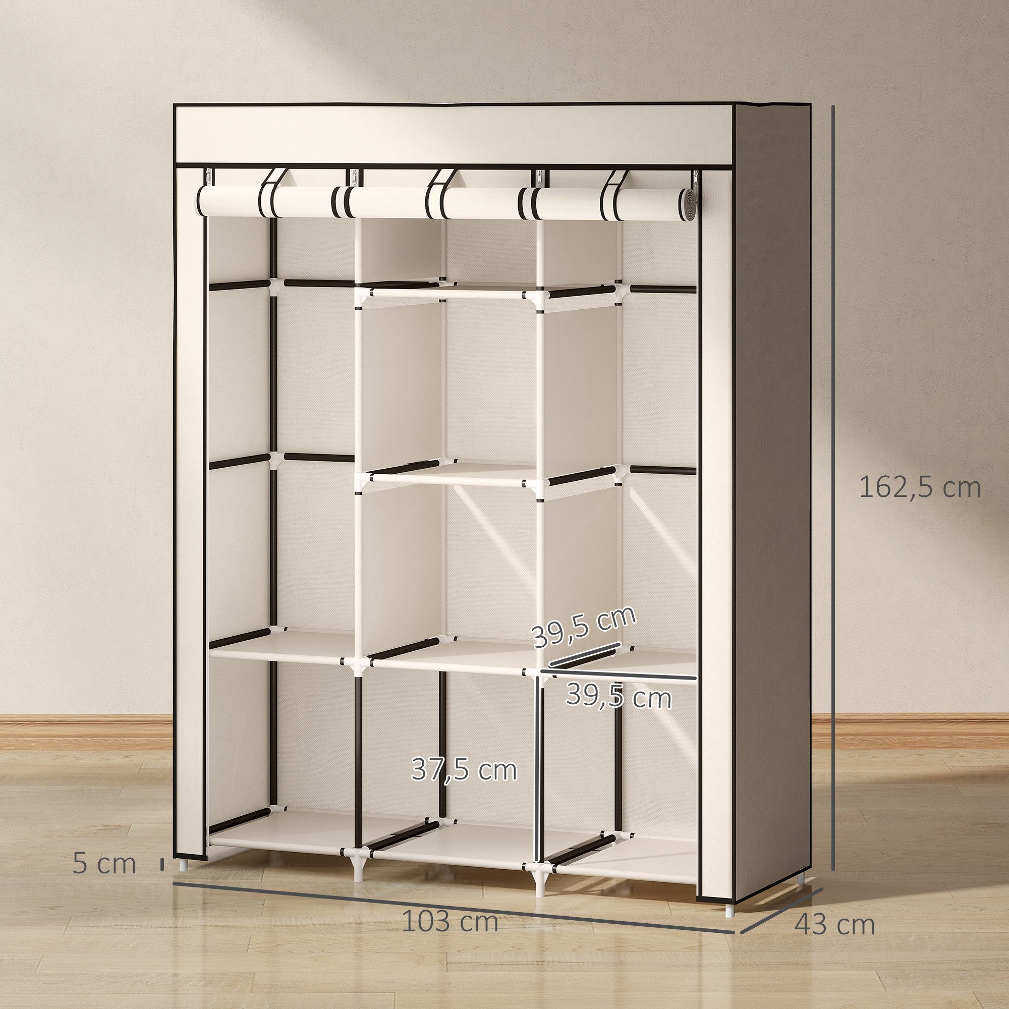 HOMCOM Stoffschrank Kleiderschrank mit Kleiderstangen, 8 Ebenen (Faltschrank, 1-St., Faltbare Garderobe für Schlafzimmer) Vliesstoff, Cremeweiß, 125 x 43 x 162,5 cm