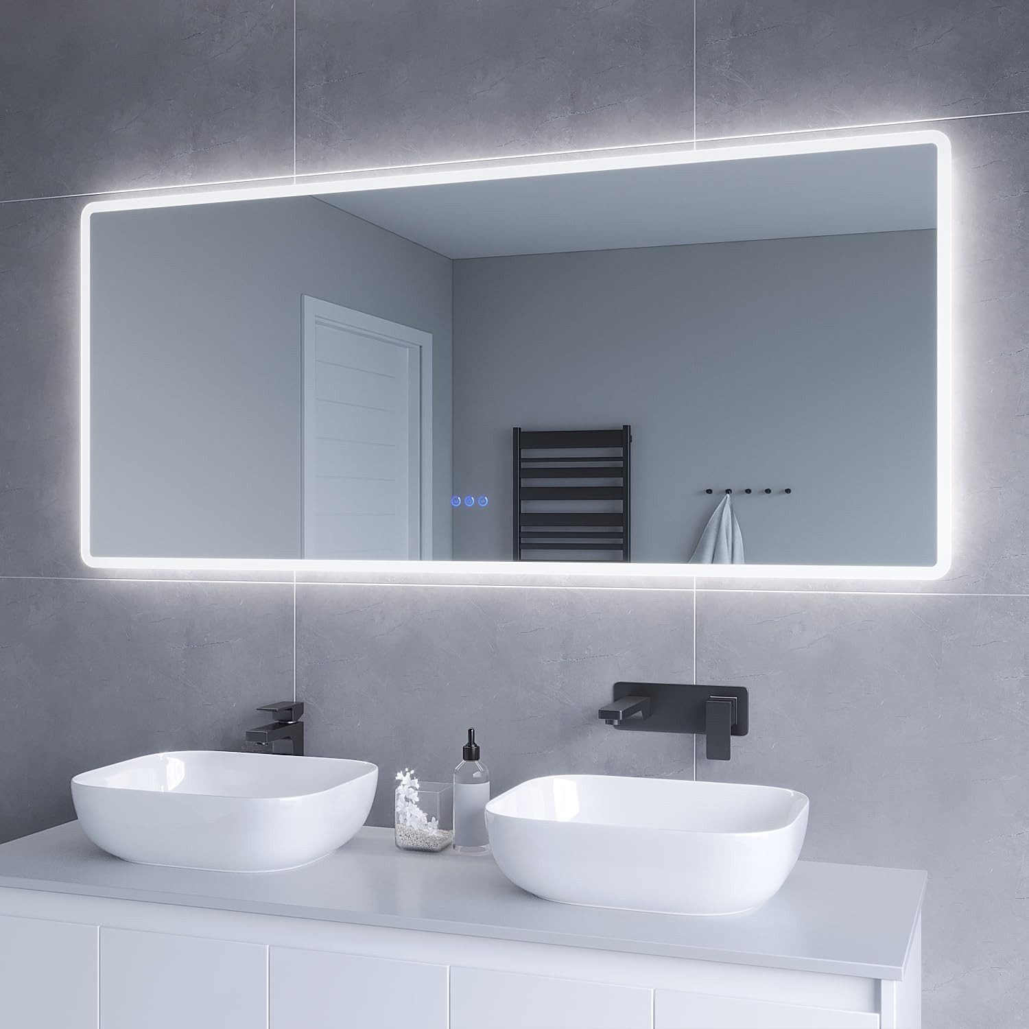 AQUABATOS LED-Lichtspiegel LED Badspiegel Groß Badezimmerspiegel mit Beleuchtung (Lichtspiegel Wandspiegel 140x70cm 100x70cm 160x70cm Kaltweiß 6400K, Neutralweiß 4500K, Warmweiß 3000K, Dimmbar, Memory-Funktion), Touch Schalter, Spiegelheizung, Energiesparend, IP44, Wandmontage