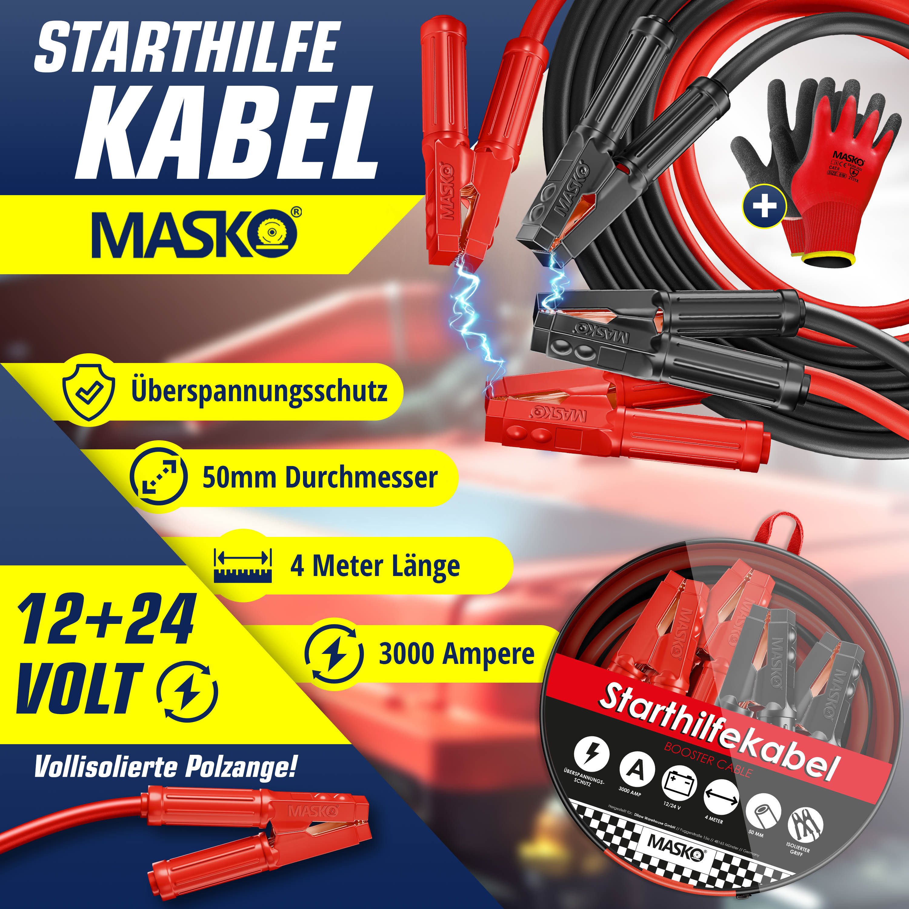 MASKO Überbrückungskabel Starthilfekabel, (400 cm), Benzin- und Dieselmotor, 3000Amp, 12/24 Volt – Bild 2 von 5