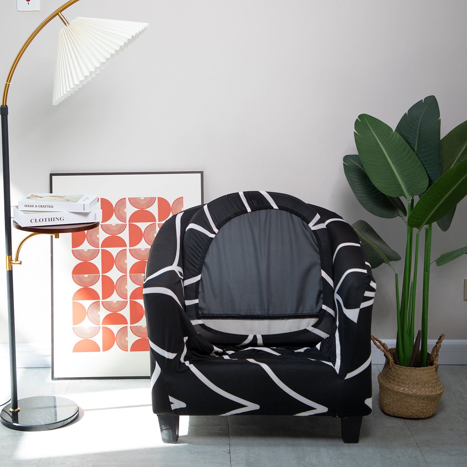Chair Barrel Muster, geometrisches Einzelsessel, Schwarz Akzentstuhl für Sesselhusse gedrucktes Stretch, Rosnek, florales