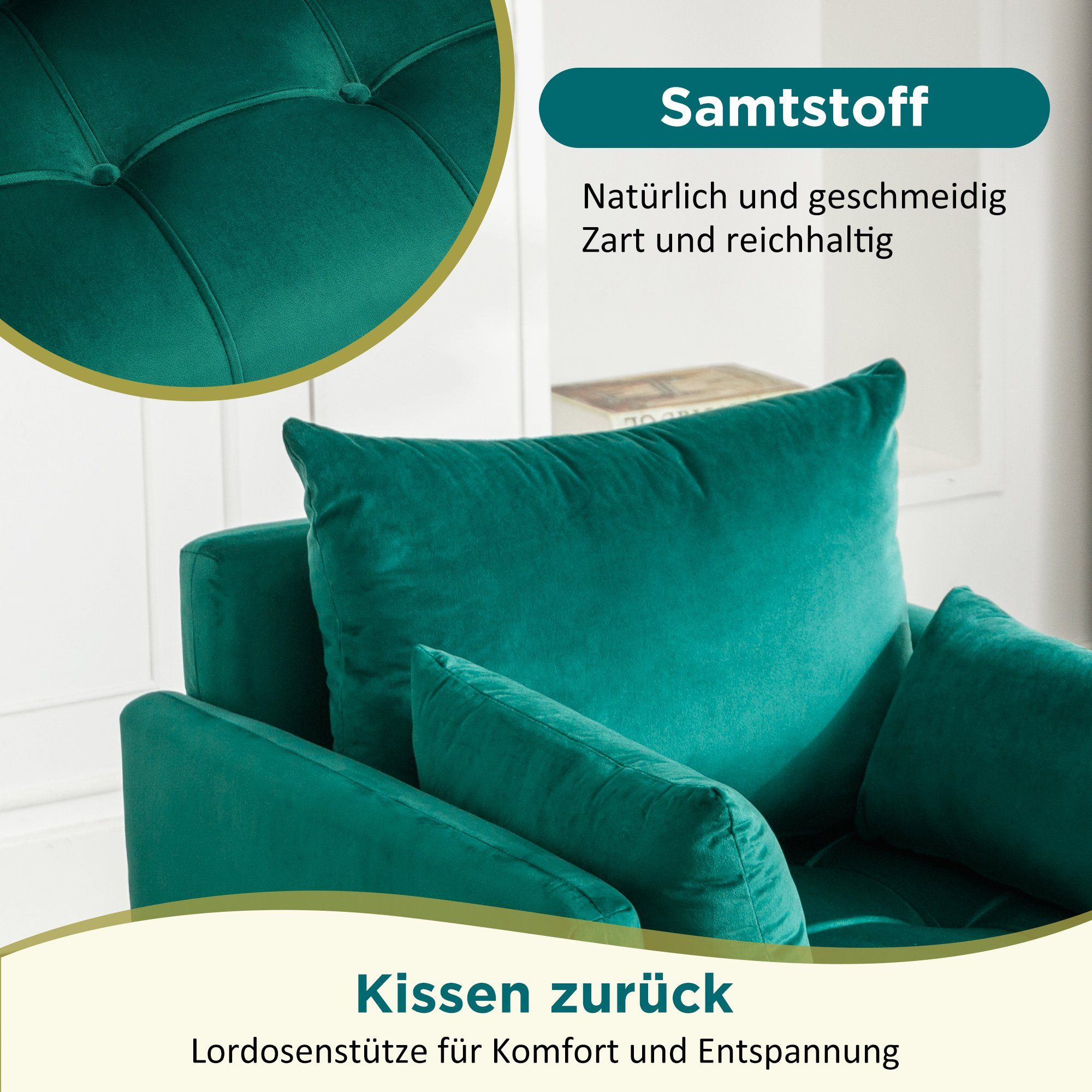 REDOM Sessel Loungesessel, Einzelsessel, Polstersessel, grün Metallbeinen Sessel (Moderner mit Kissen, mit mit roségoldenen Samtstuhl), Stauraum