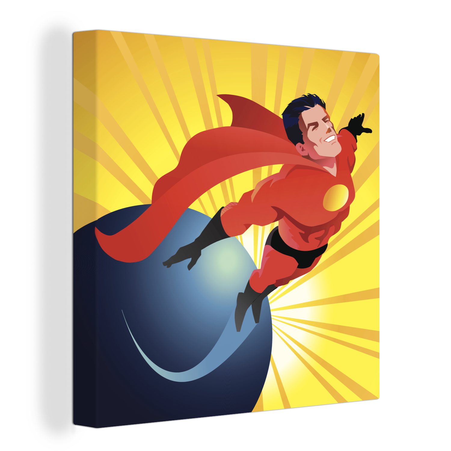 OneMillionCanvasses® Leinwandbild Eine Illustration eines Superhelden, der über die Welt fliegt - Jungen, (1 St), Leinwand Bilder für Wohnzimmer Schlafzimmer