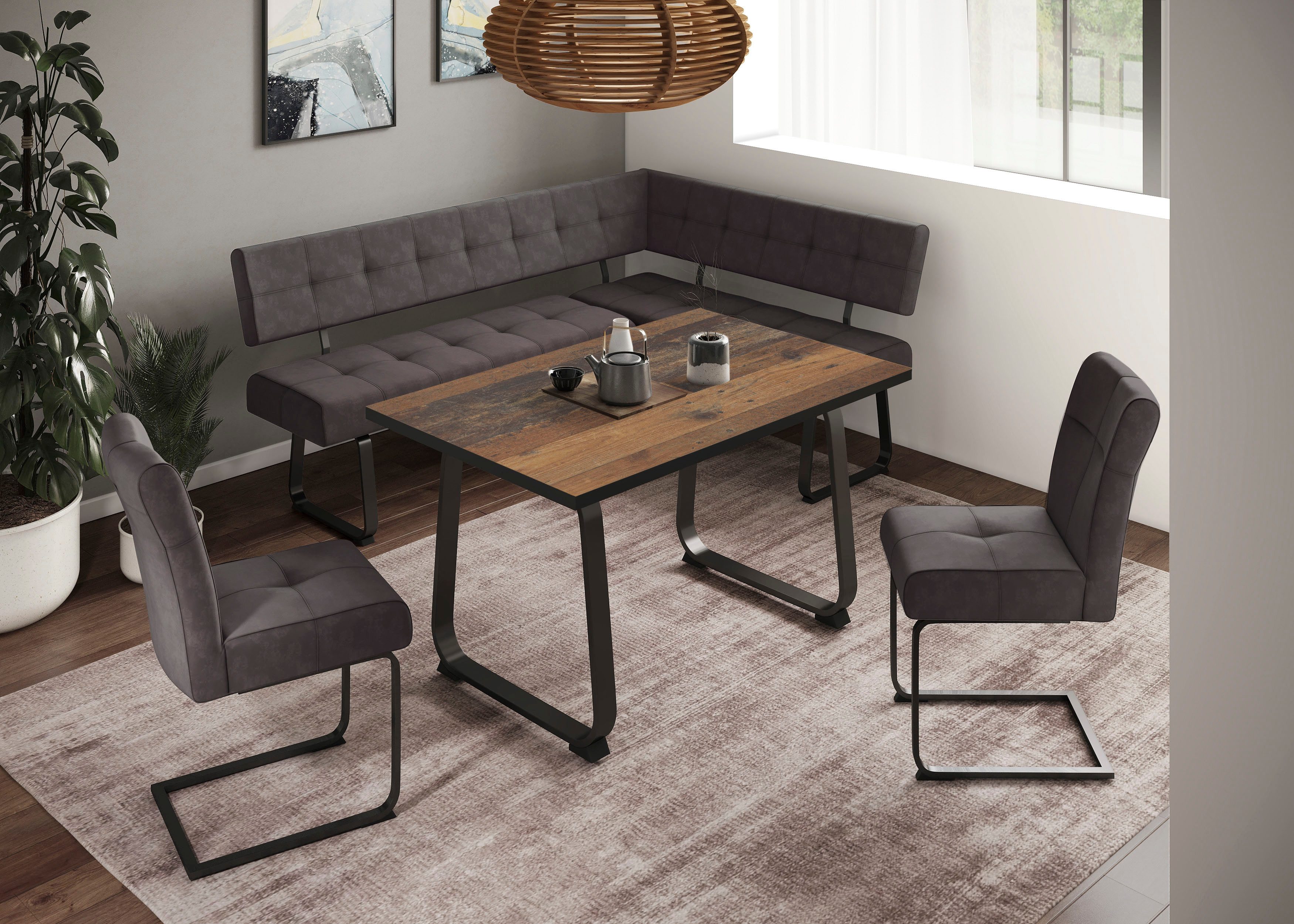 HELA Essgruppe RUHR, (4-tlg), Kufentisch 140x90 cm, Schwingstuhl und Bank mit Federkorb, Komfortsitz