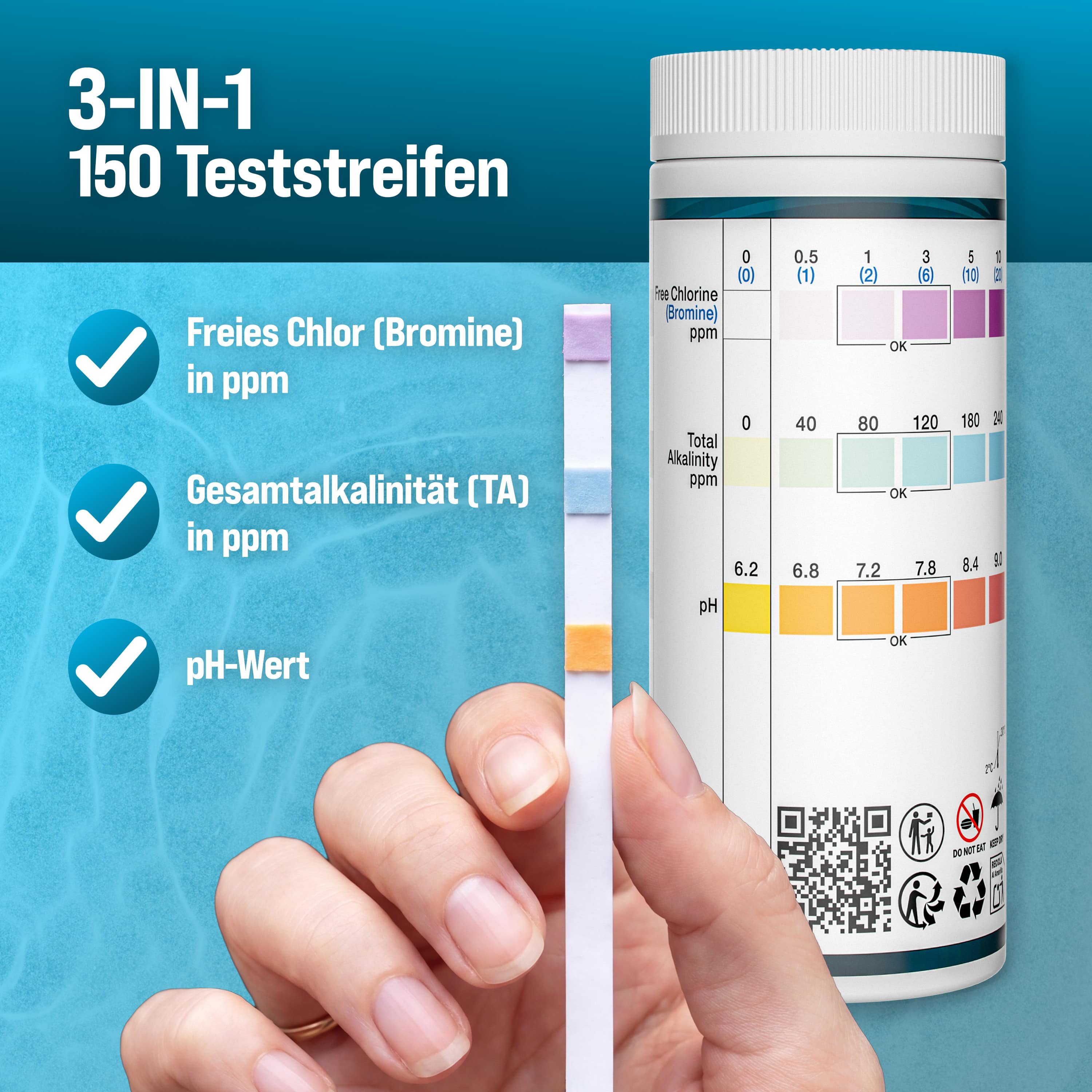 monzana Sandfilteranlage, Pool Teststreifen 150 Stück 3-in-1 Wassertester für pH Chlor Alkaline