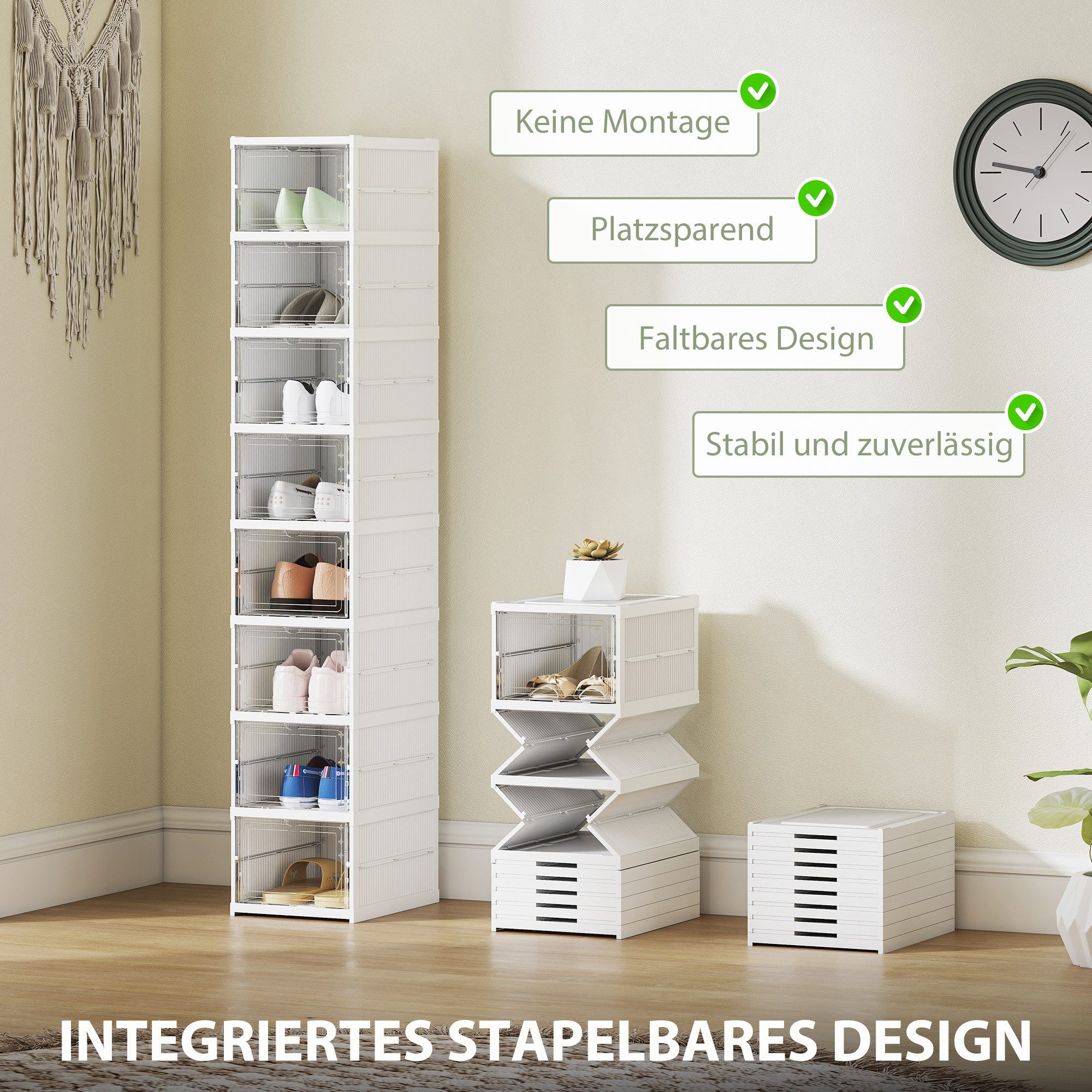 HOMCOM Schuhbox 8 Stück stapelbare und faltbare Schuh-Organizer, schmal Schuhregal (Platzsparend Schuhaufbewahrung, 8 St., Stapelbare und Faltbar Schuh-Organize – Bild 4 von 5