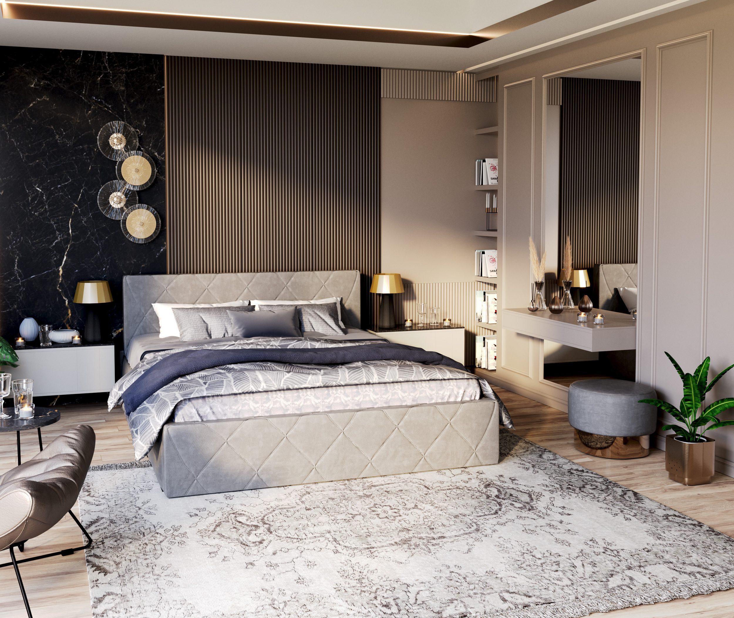 thematys Polsterbett Velours 90x200, 120x200, 140x200, 160x200, 180x200cm Bettrahmen Bett (Optional mit 23cm Taschenfederkern-Matratze H2, hydraulisches Stauraumbett)