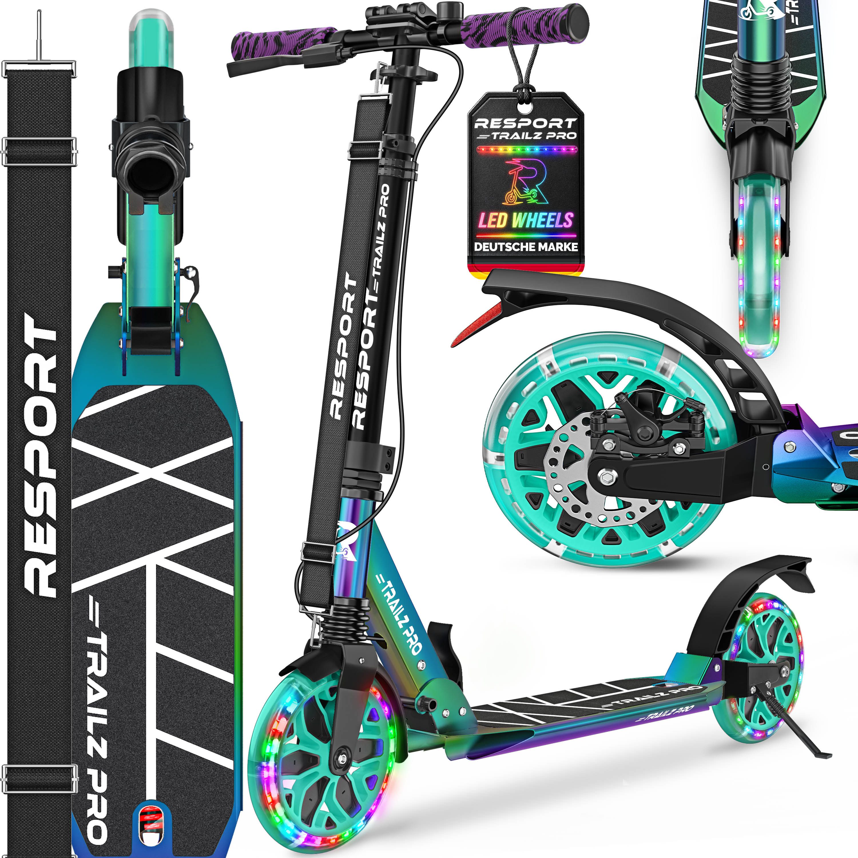RE:SPORT Cityroller RE:SPORT® Trailz Pro Cityroller Scooter inkl. Tragegurt und Klingel, (Scooter höhenverstellbar & klappbar, Kickscooter Tretroller inkl. Handbremse & Doppelfederung), Cityroller für Kinder & Erwachsene mit LED, Klingel & Tragegurt