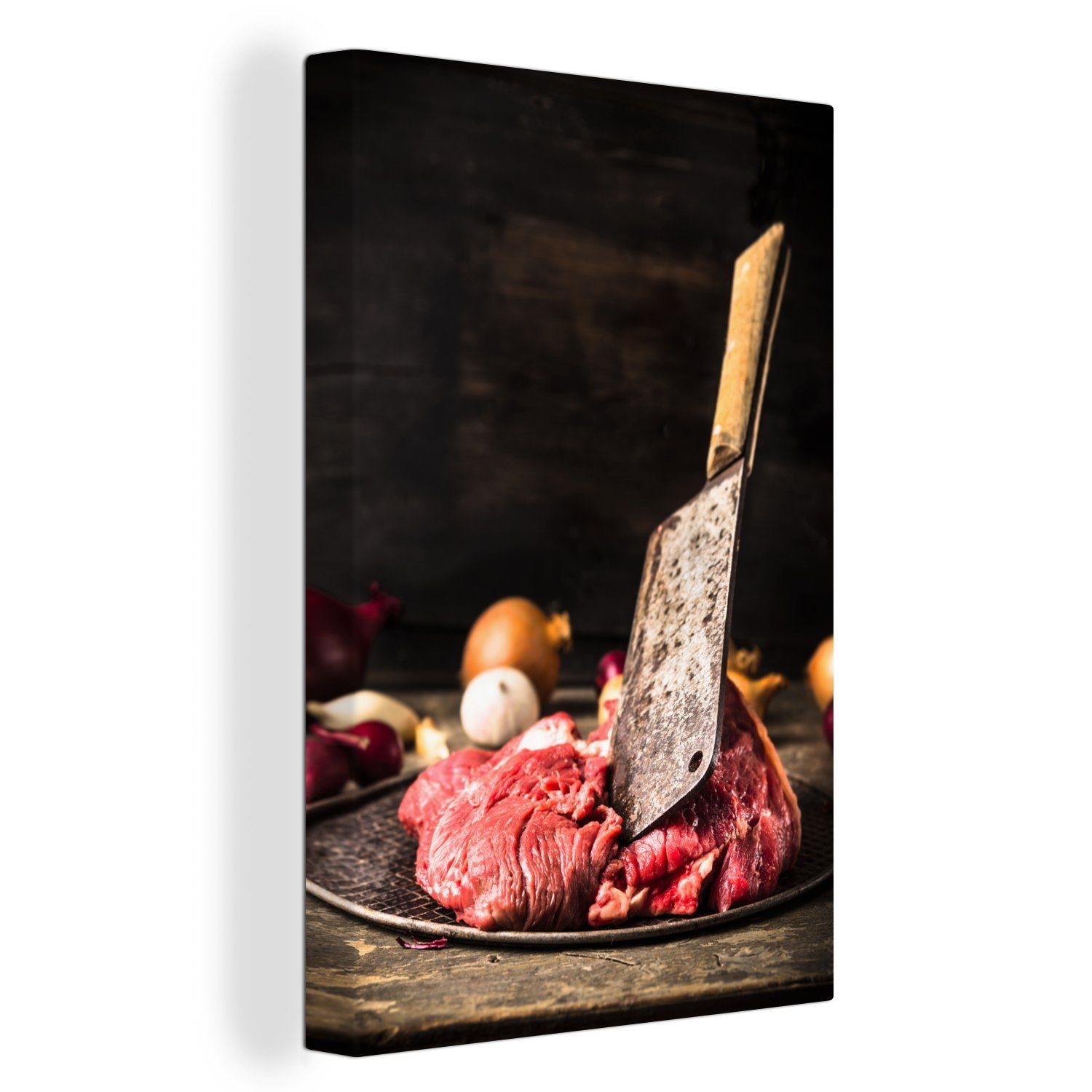 OneMillionCanvasses® Leinwandbild Ein Metzgermesser in rohem Fleisch auf einem Teller, (1 St), Leinwandbild fertig bespannt inkl. Zackenaufhänger, Gemälde, 20x30 cm