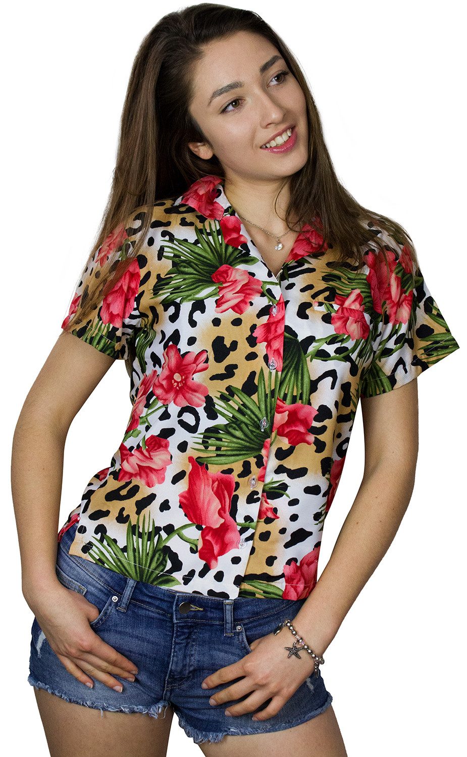 King Kameha Hawaiihemd Leopard Flowers Funky Hawaiibluse Damen Kurzarm Front-Tasche Stylish