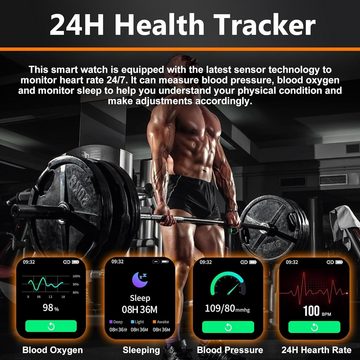 Carneedi Smartwatch (1,85 Zoll, Android iOS), Herren mit Telefonfunktion Militär Fitnessuhr Sportuhren Wasserdicht