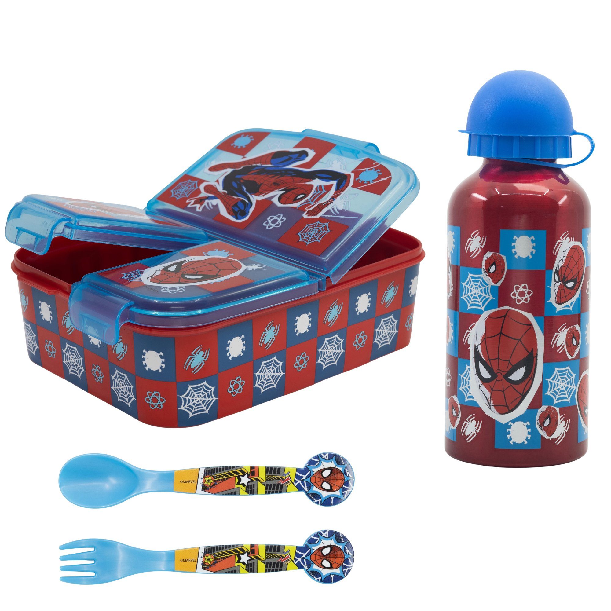 MARVEL Lunchbox Marvel Spiderman 4 tlg Kinder Lunch Set, (4-tlg), 3 Kammern Brotdose Alu-Trinkflasche Besteck