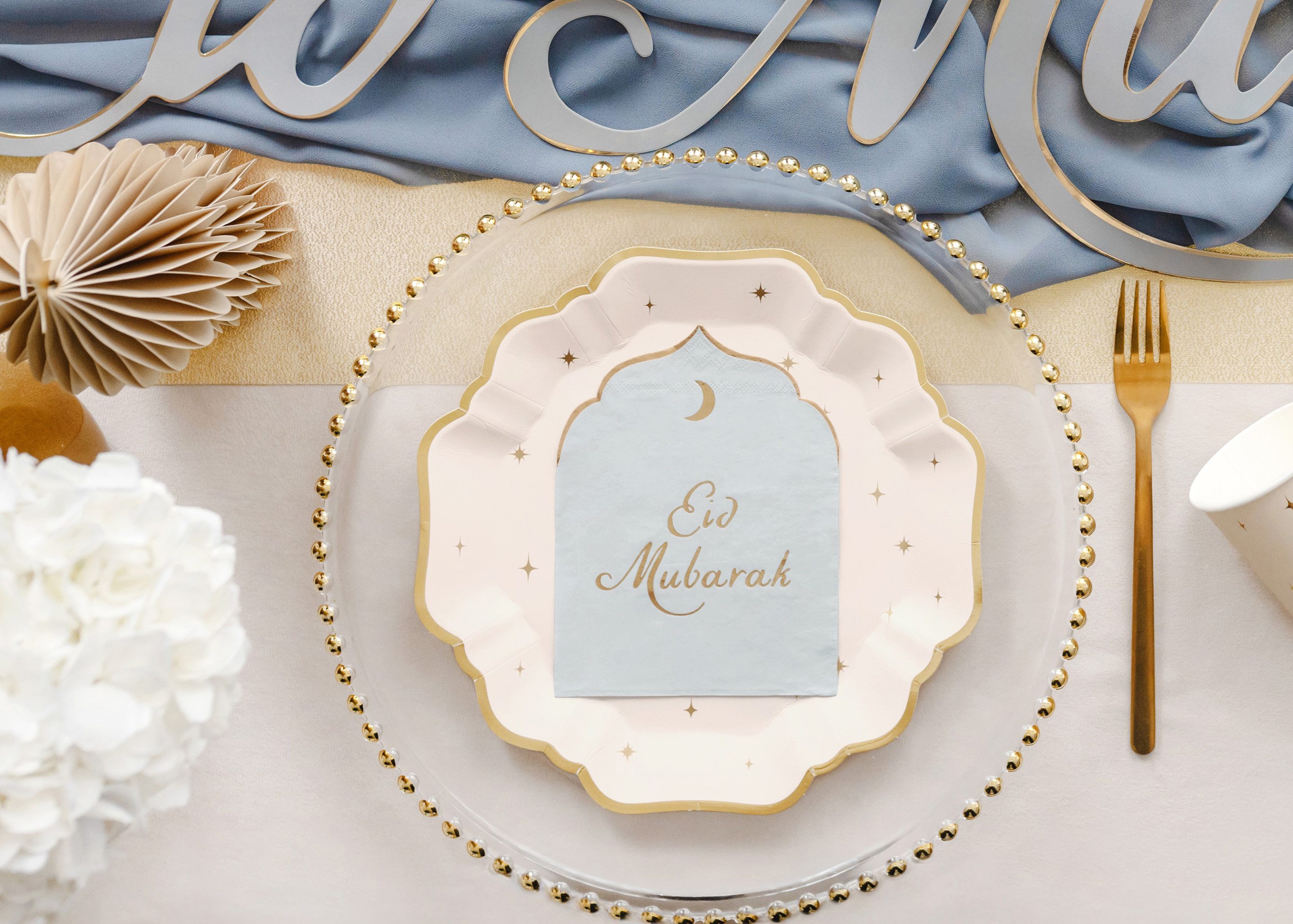 partydeco Papierserviette, Servietten Papier 23x30cm Eid Mubarak 12 Stück Weiß / Gold