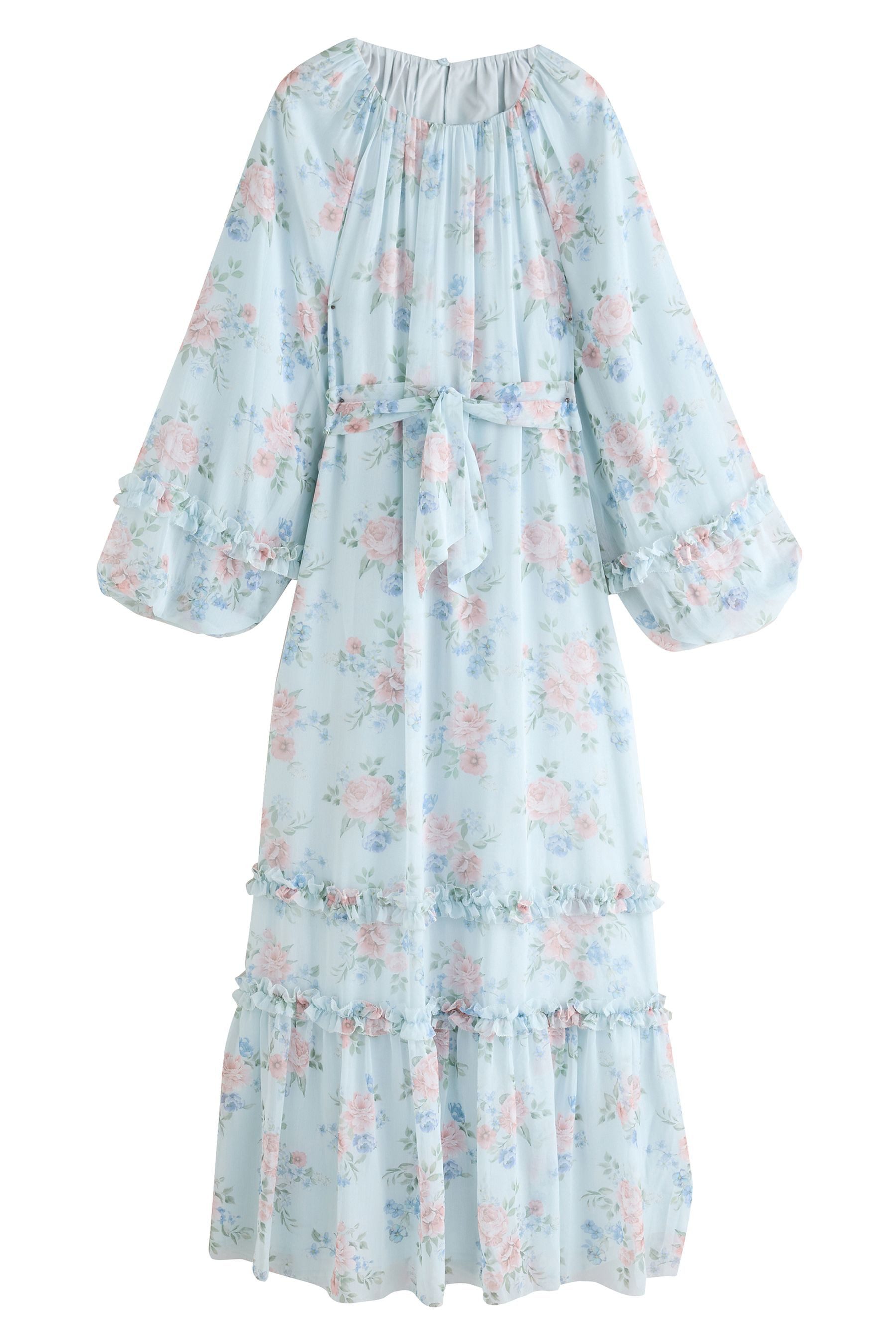 Maxikleid Langarm-Maxikleid mit Bindegürtel und Rüschen