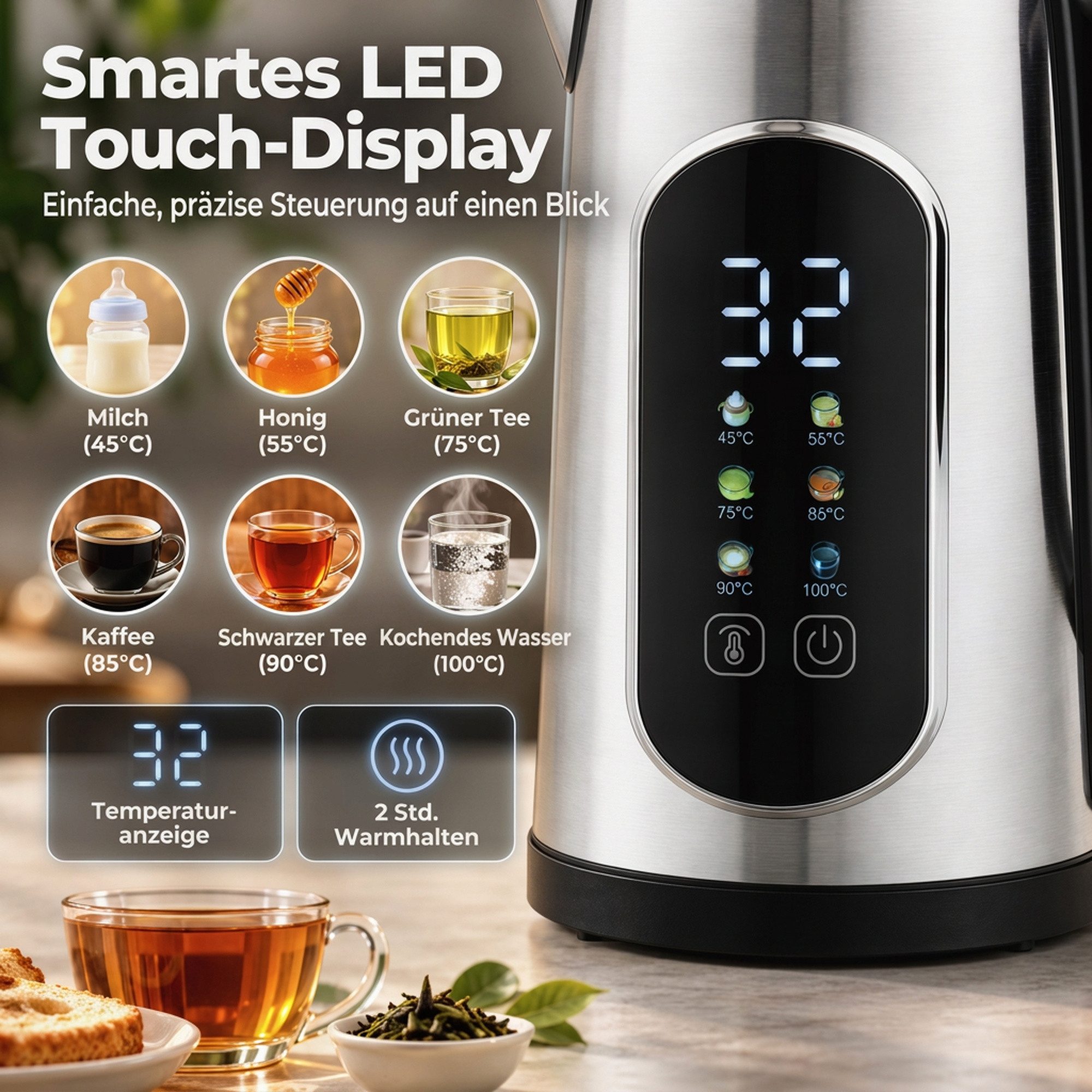 HOMCOM Frühstücks-Set Wasserkocher und Toaster Set mit 45°-100° Warmhalte-& Memory-Funktion (1-tlg), Wasserkocher & Toaster Set – Bild 4 von 5