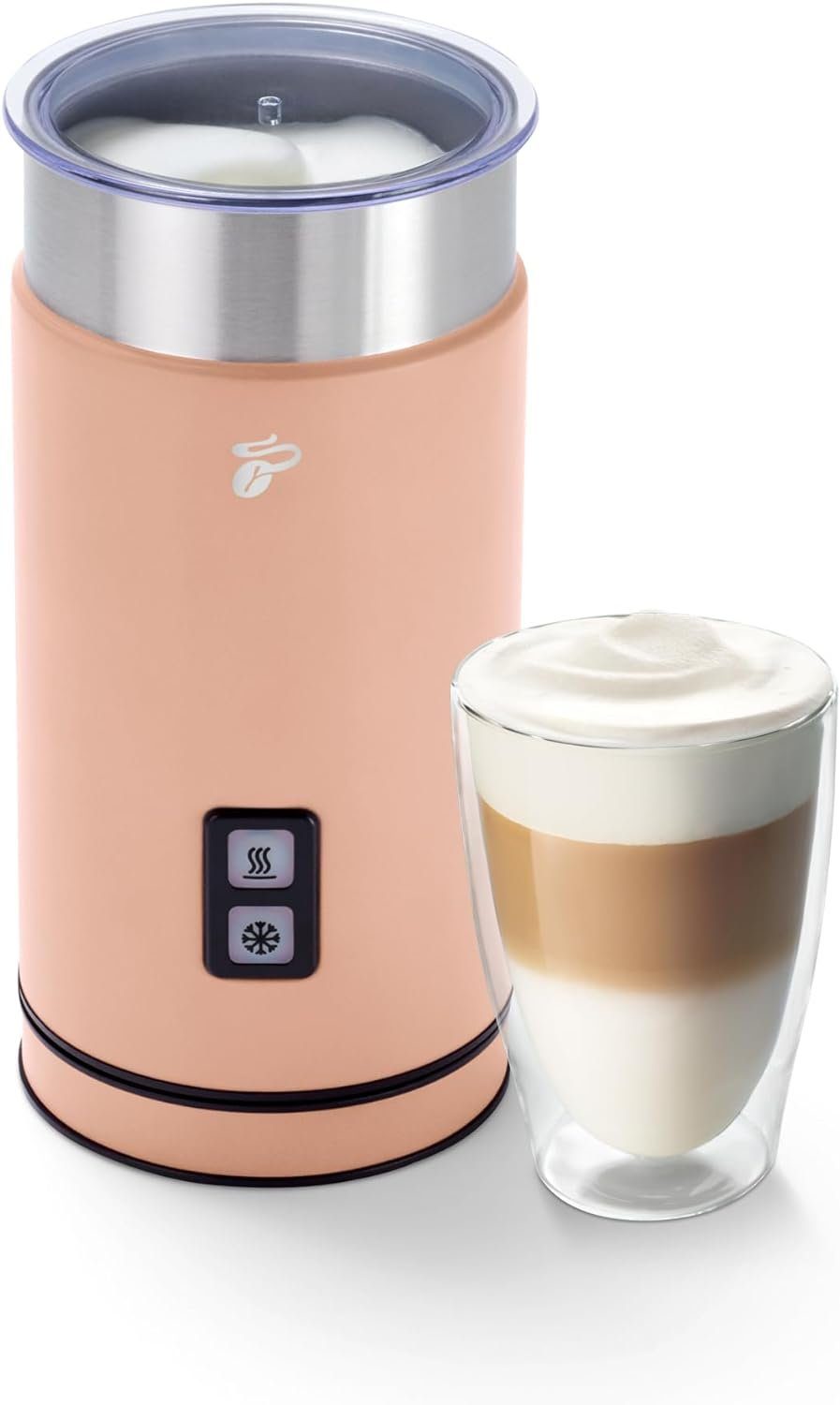 Tchibo Milchaufschäumer Cappuccino elektrisch, 550 W, kalter warmer Edelstahlgehäuse Macchiato, und Antihaftbeschichtung, Kakao, und Milchschaum, rostfreies 130ml, Latte für apricot