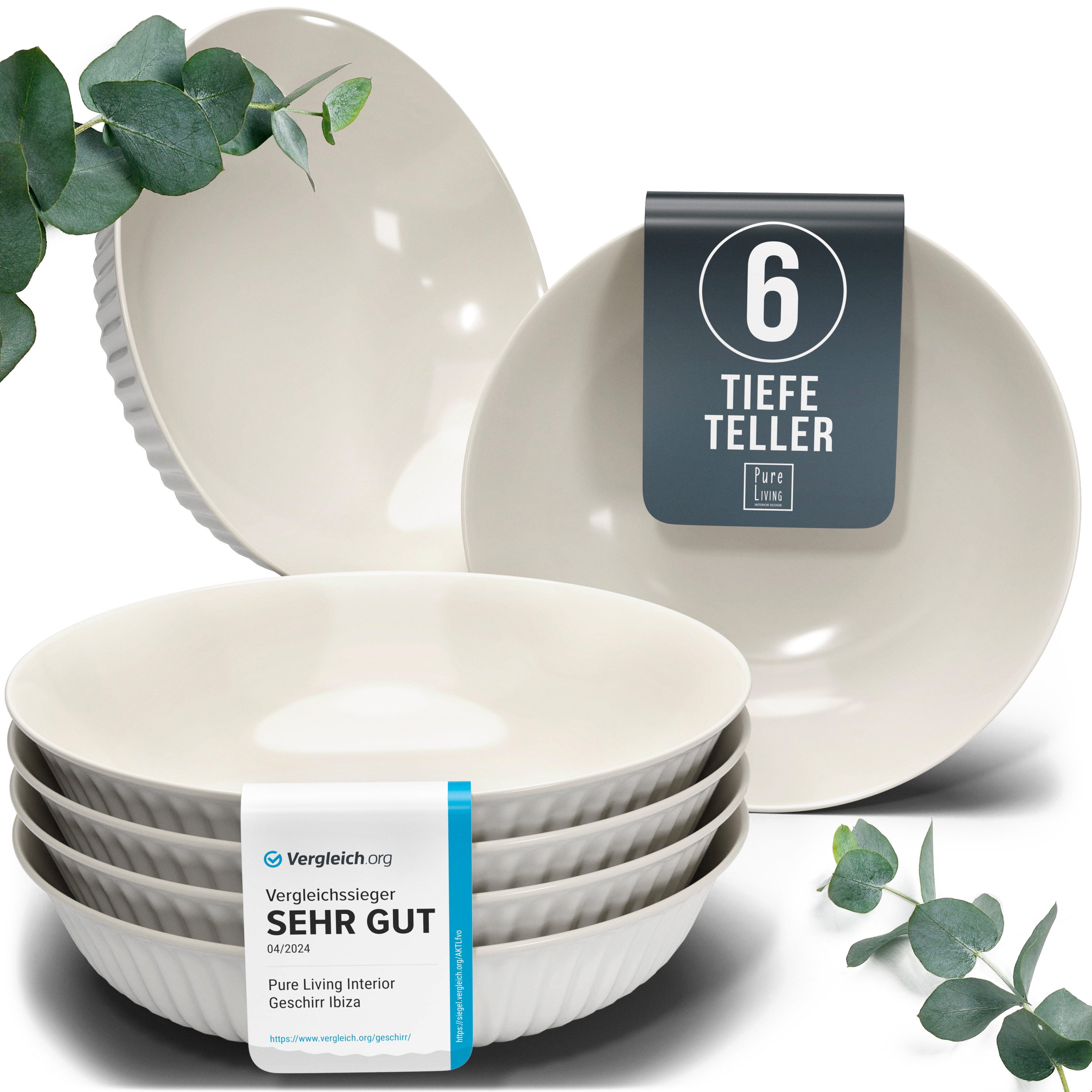 PURE LIVING INTERIOR DESIGN Geschirr-Set Pure Living Suppenteller 6er 20cm »Hygge«, Steingut Hellgrau, 6 Personen, Steingut, Skandinavisches Design mit Riffelstruktur, Harmonische Farbgebung, Ma…