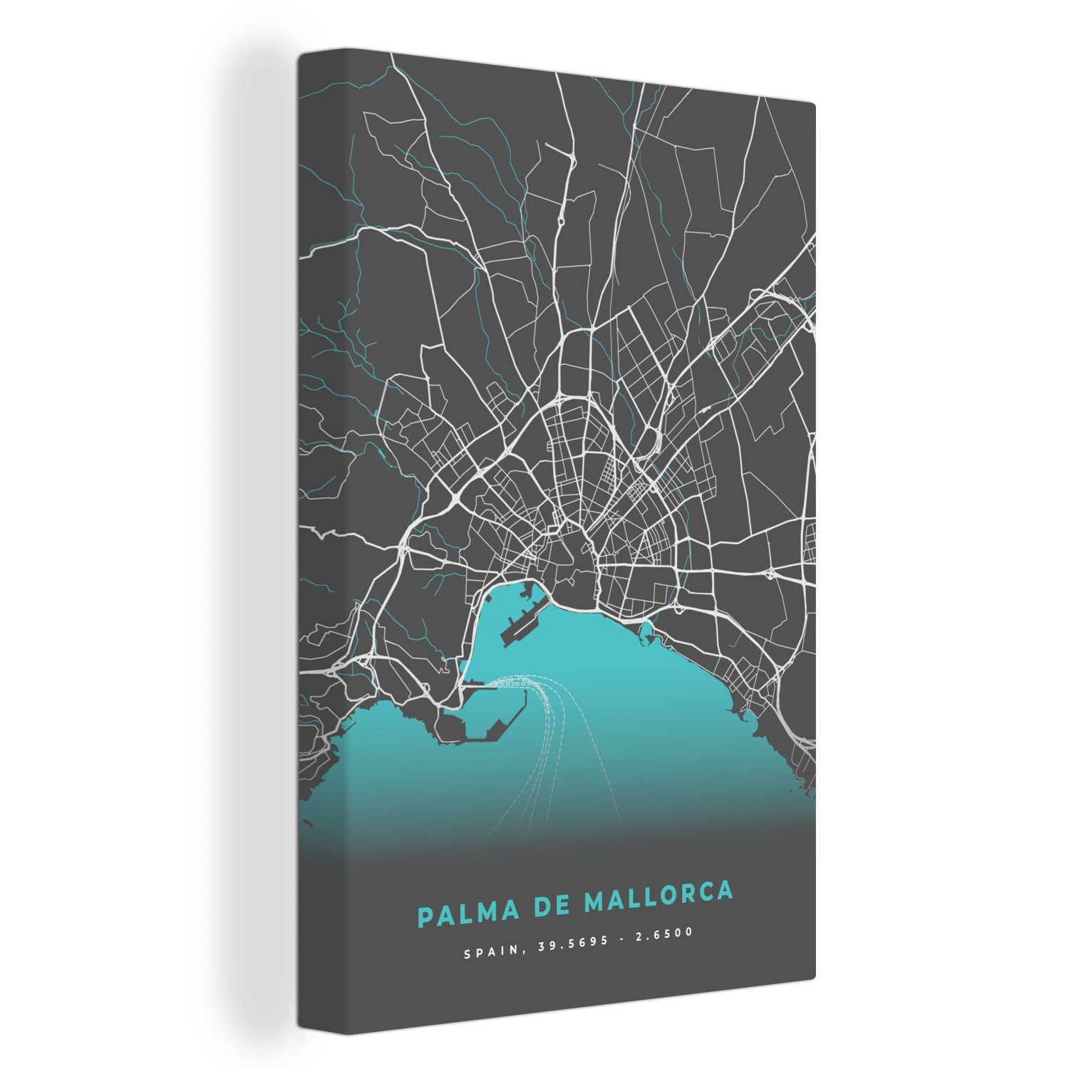 OneMillionCanvasses® Leinwandbild Mallorca - Stadtplan - Karte - Blau, (1 St), Leinwandbild fertig bespannt inkl. Zackenaufhänger, Gemälde, 20x30 cm