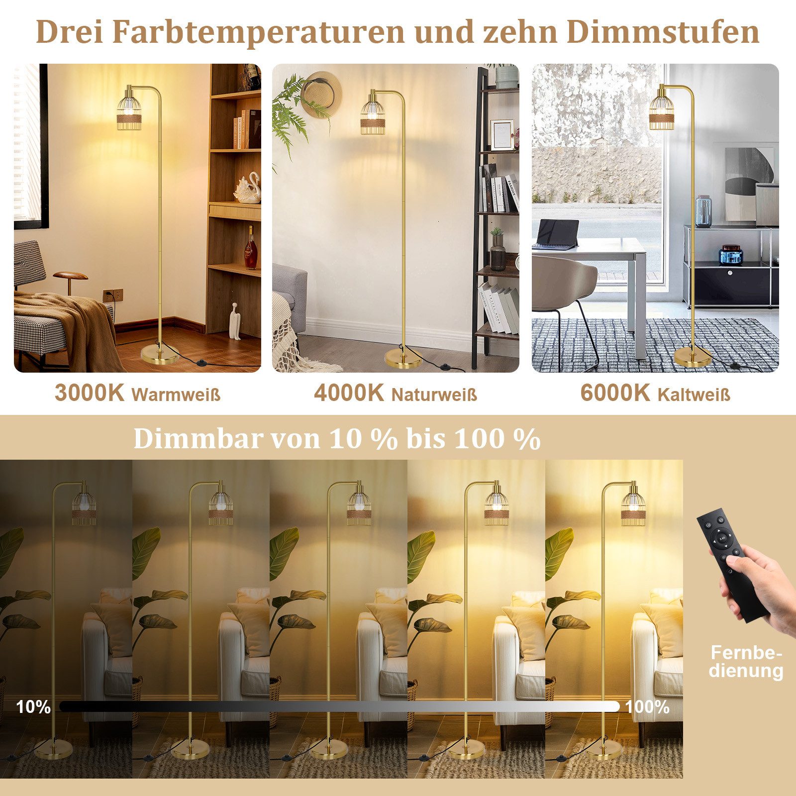 MUPOO Stehlampe Gold Stehlampe Wohnzimmer Dimmbar,mit Glühbirne & Fernbedienung, 10 Stufen dimmbar, LED wechselbar, Fußschalter,mit E27 Glühbirne 6w,für Schlafzimmer Wohnzimmer Büro