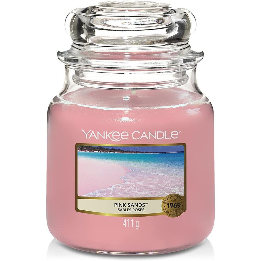 Yankee Candle Duftkerze Pink Sands 411 g (Duftkerze, 1-tlg., im Glas mit  Deckel), Brenndauer bis zu 75 Stunden Meer Ozean Duft, Zitrusfrüchte, Blumen