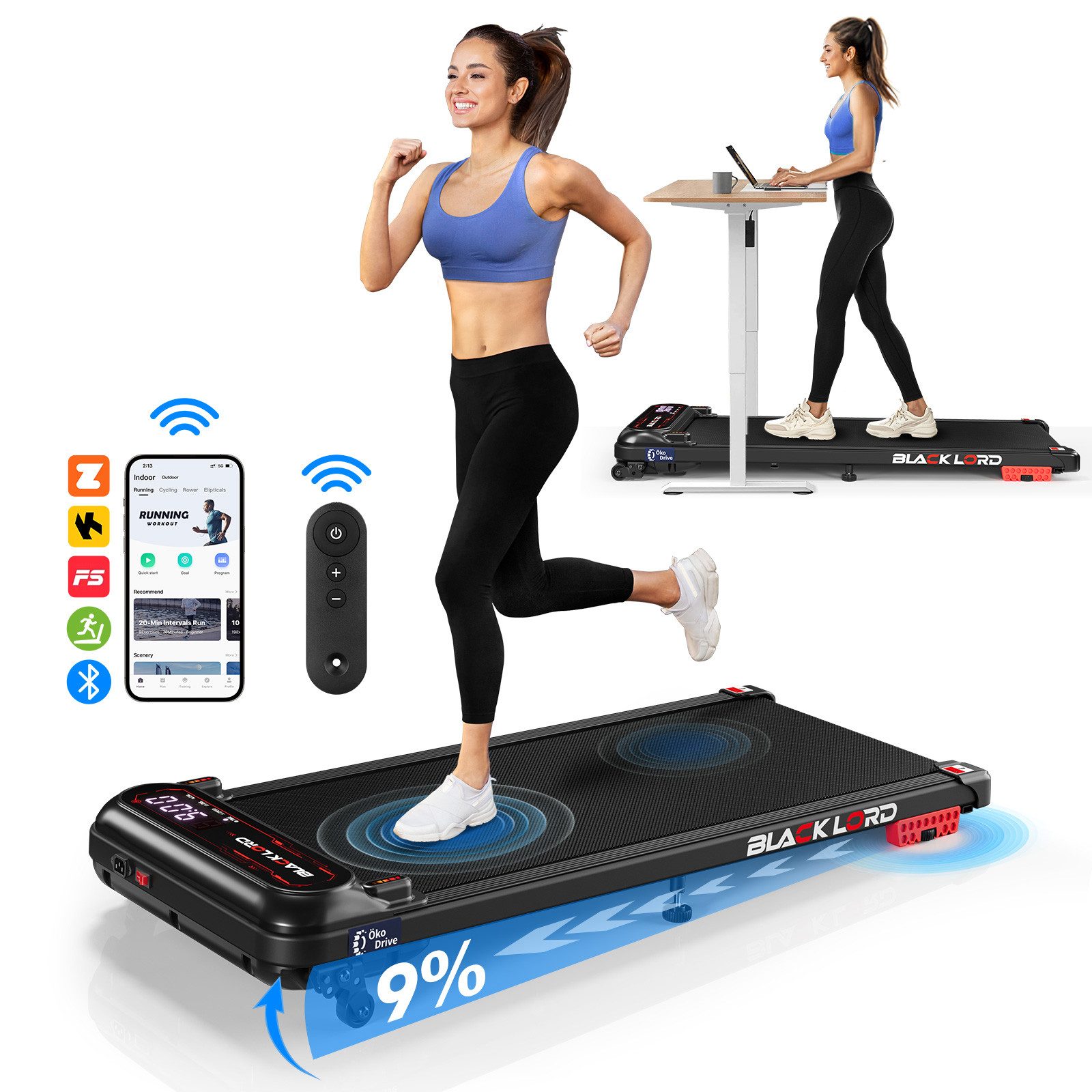 Laufband 3,0PS Motor, 12 km/h, mit Steigung, Bluetooth App Steuerung, 390mm
