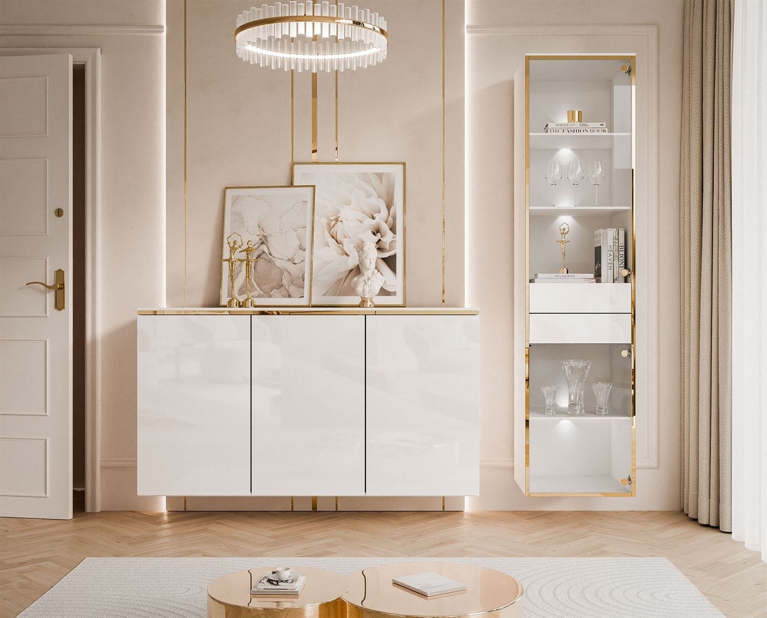 ALLHOUSE24 Wohnzimmer-Set PEONY weiß Hochglanz/ weiß GOLD mit LED Beleuchtung Kommode Vitrine, (1x Kommode, 1x Vitrine), LED Beleuchtung, Fronten in Hochglanz
