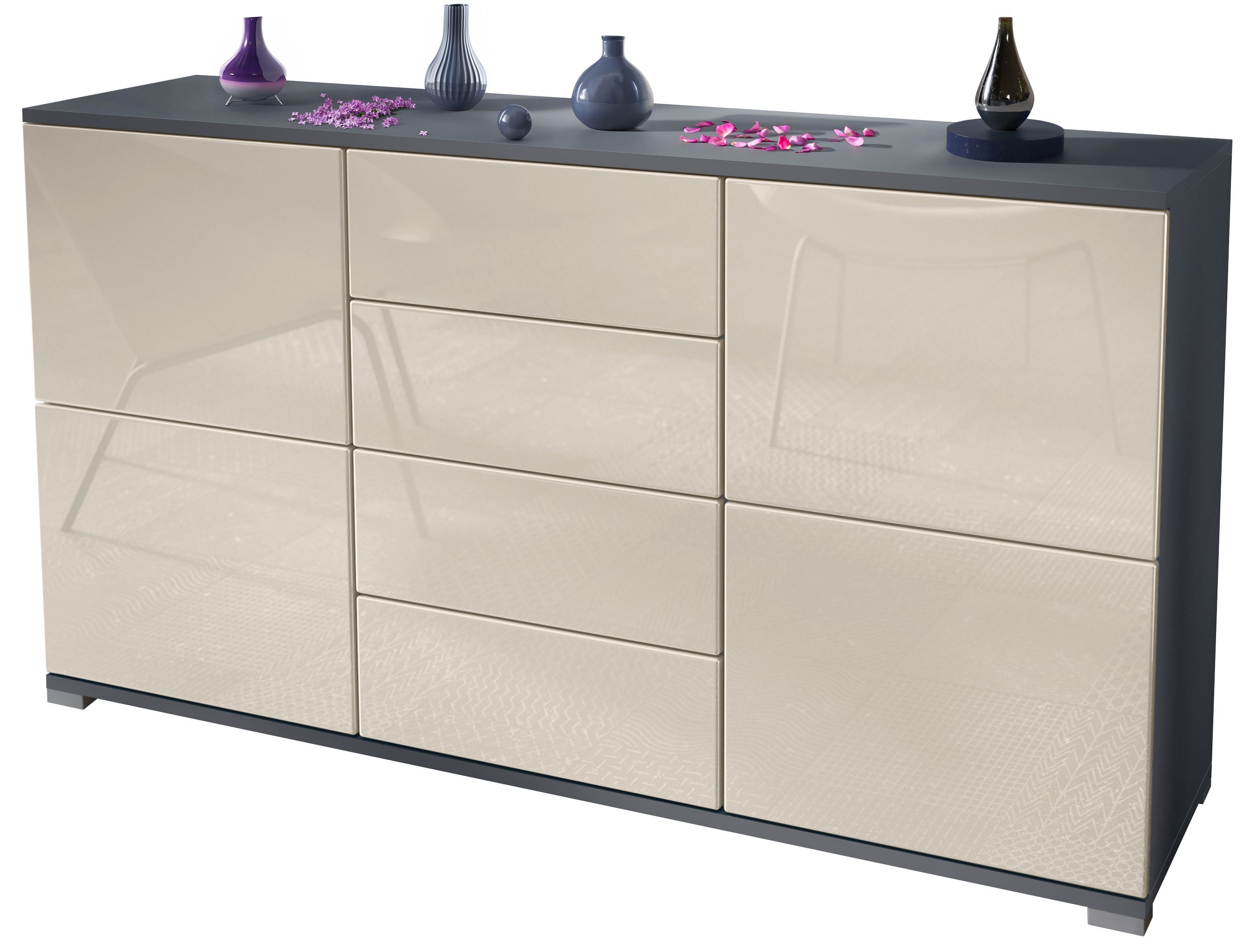 Vladon Sideboard Rova V1 (Kommode mit 4 Türen, 4 Schubladen, Made in Germany), Anthrazit matt/Creme Hochglanz (138,5 x 75,5 x 35)
