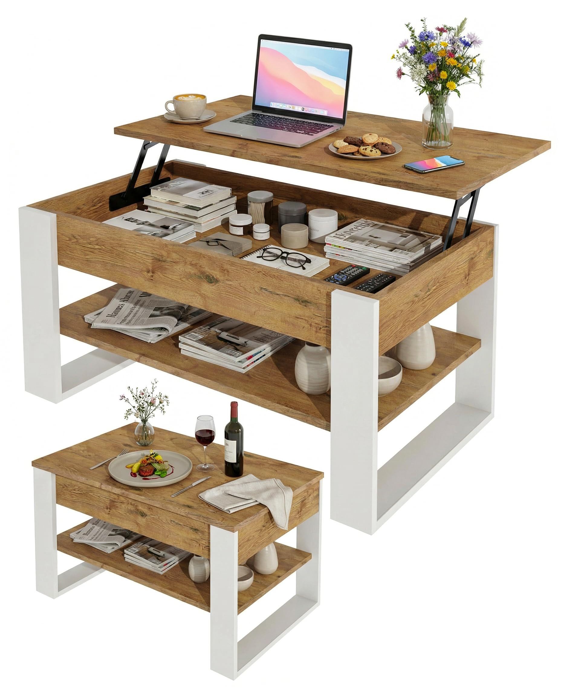 TREND WERK Couchtisch Lift-Couchtisch höhenverstellbar Sofatisch 92×54 cm mit Stauraum, verstecktem Fach Wohnzimmertisch Holz modern