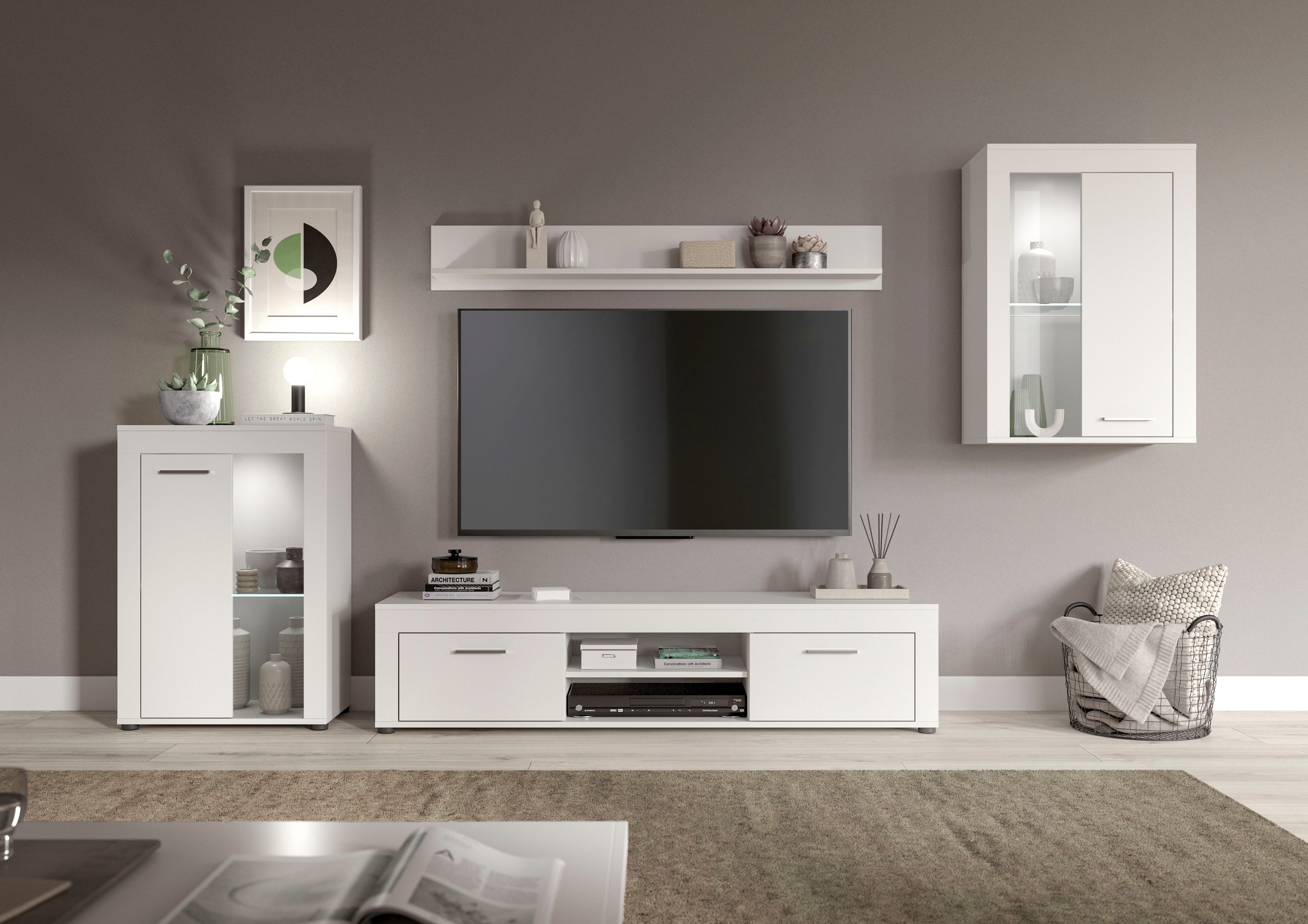 OTTO home Wohnwand AOSTA, Breite 310cm, 4-teilige Wohn-Kombination, (4-St., bestehend aus: 2x Vitrine, Lowboard & Wandboard), Wohnwand, Kombination, Anbauwand, Möbel Set, Schrankwand, Möbel Kombi