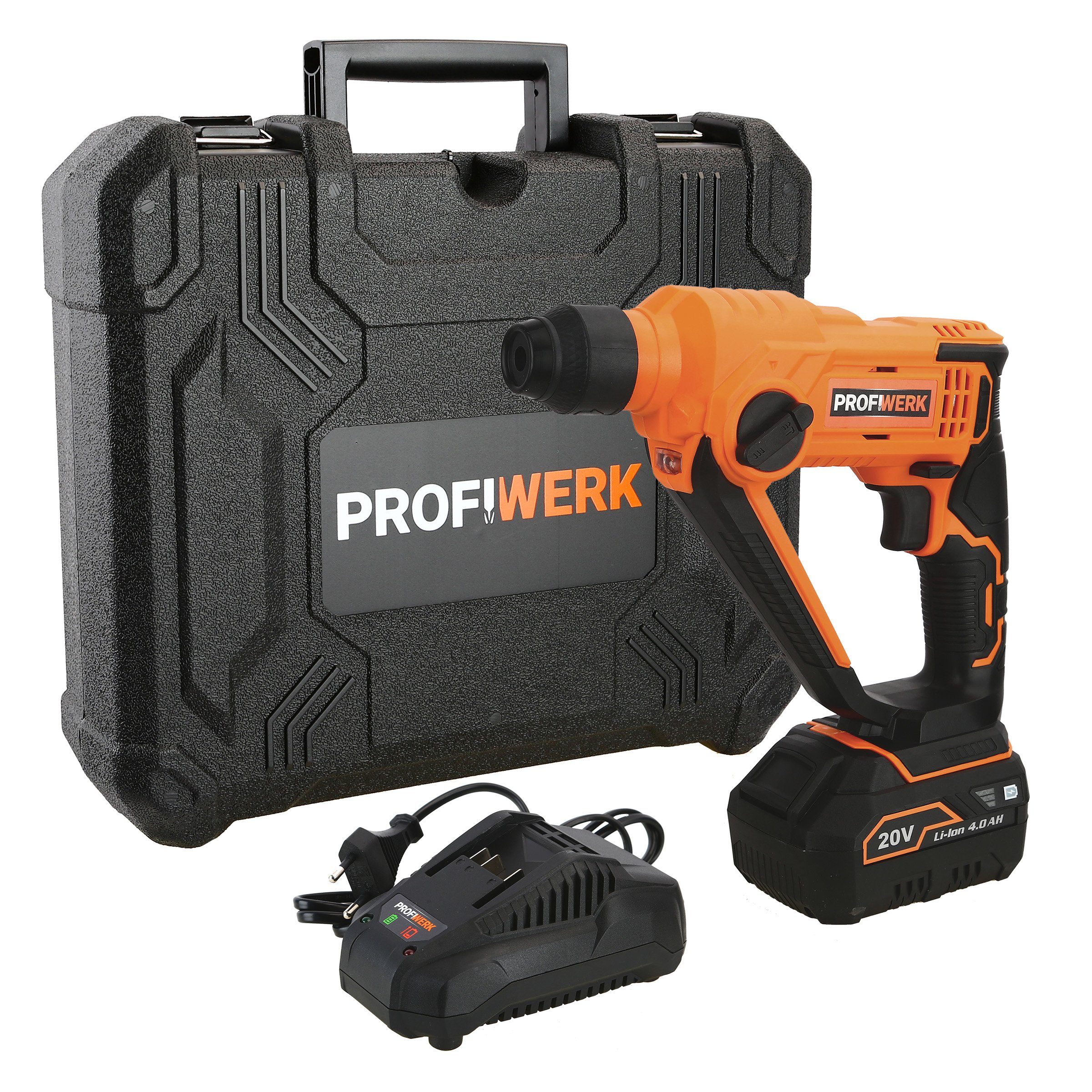 Profiwerk Akku-Schlagbohrmaschine PWSBH-01-Kit 20V, SDS plus, max. 900  U/min, max. Bohrleistung 16/8/10 mm, 4,0Ah Akku, Netzteil, Transportkoffer