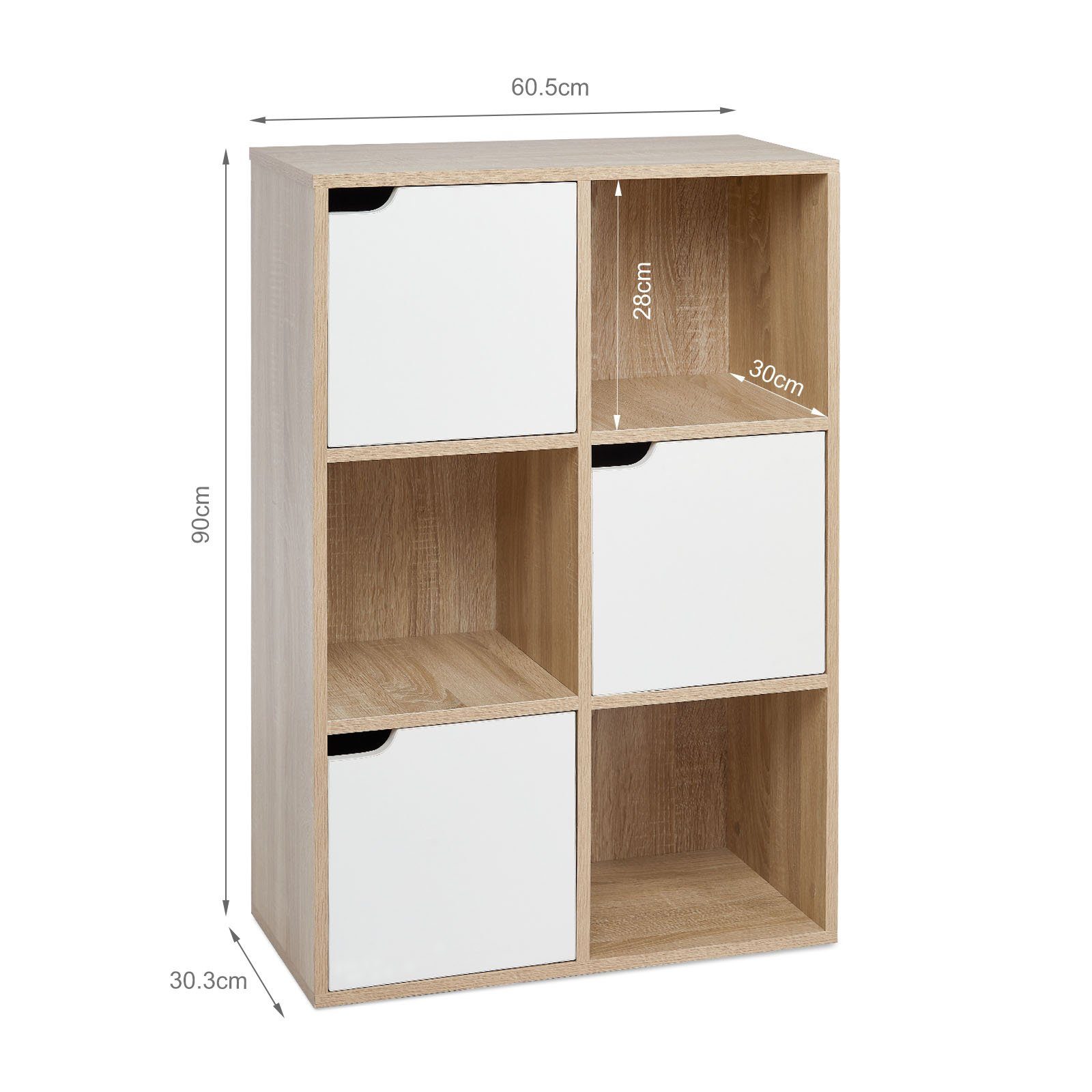 Mondeer Bücherregal Aufbewahrungsregal, Bücherschrank, Regal aus Holz, Sechs Fächer mit 3 Türen – Bild 5 von 5