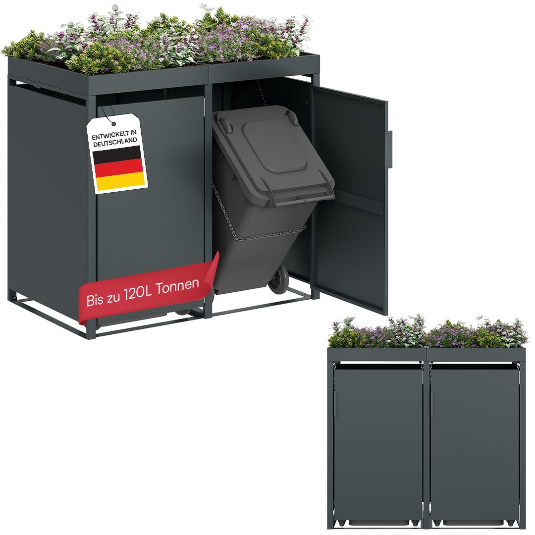STEELSØN Mülltonnenbox Thoria mit Pflanzendach, Mülltonnenverkleidung aus Stahl (Anthrazit, 120 L, verfügbar mit 1, 2, 3, 4, oder 5 Türen), für 2 Tonnen