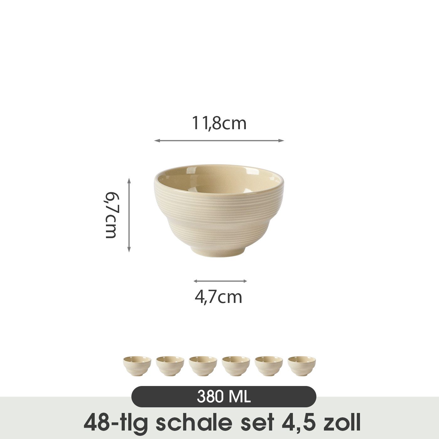 JIWOO Müslischale 6er Ø11,8cm, Dessertschale Eisschale Suppenschale Snackschale Schale, Keramik, (Set, 48-tlg), Hochwertiges Schalen Braun Mikrowellenofen Spülmaschine