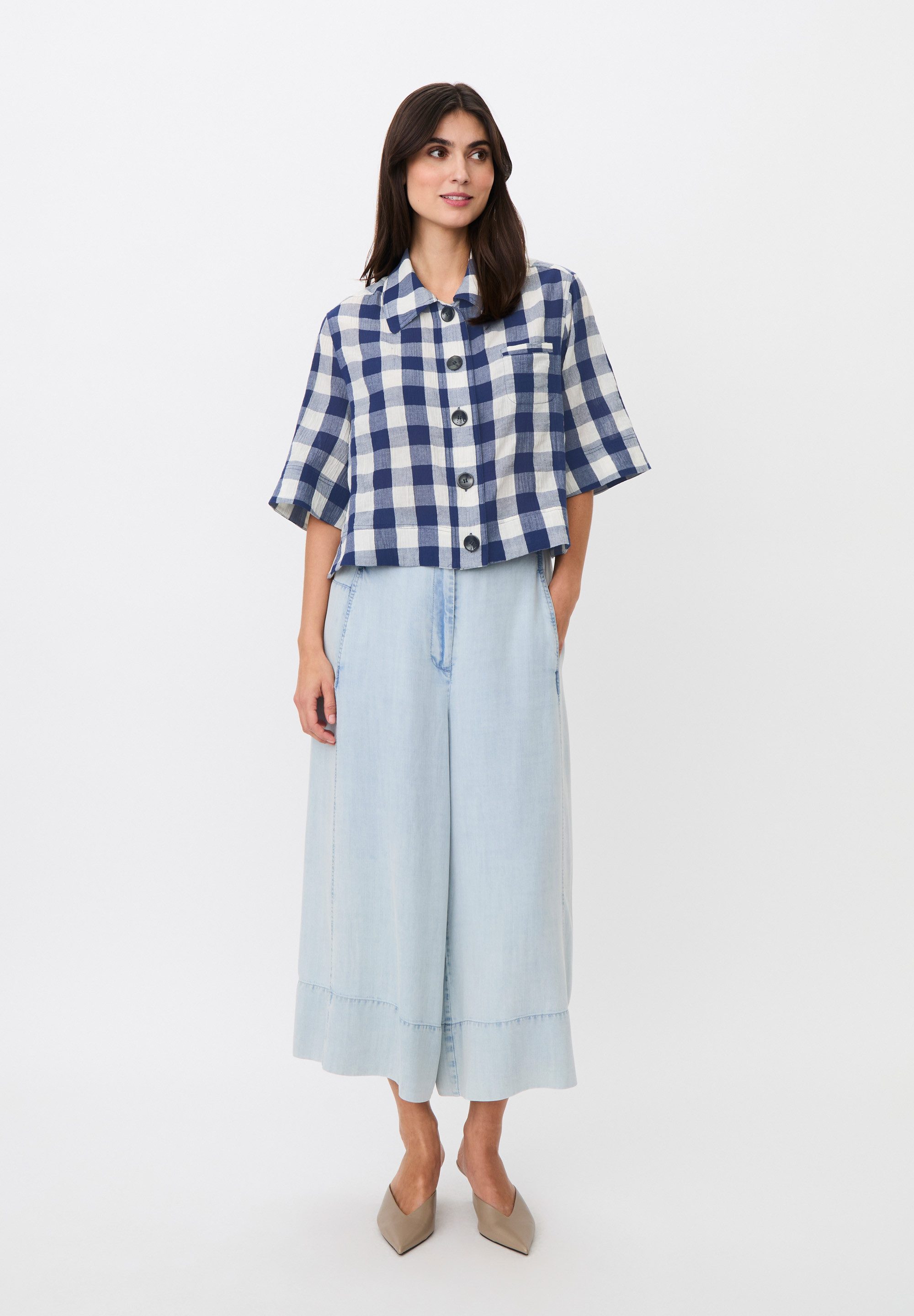 Masai 3/4-Arm-Shirt MaIsariel blau-weiße Gingham-Muster