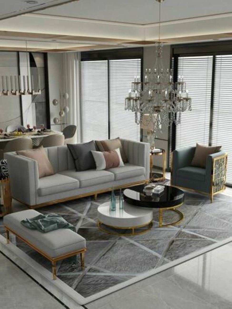 JVmoebel Wohnzimmer-Set, Metall Elemente Textil Sofa Sitzer Leder 3+1 Garnitur Polster Couch
