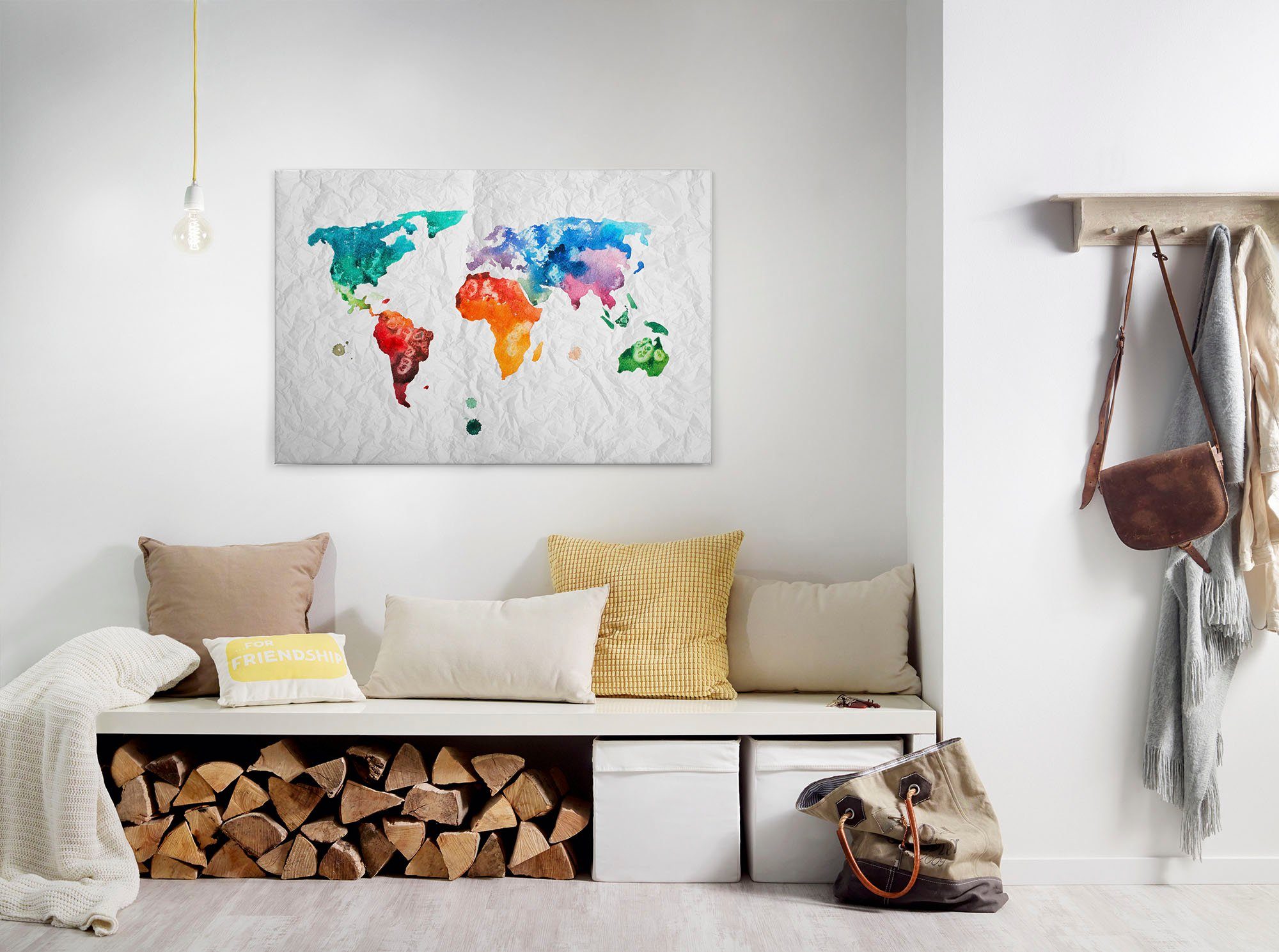 A.S. Création Leinwandbild Colourful World, Kinder, Kunst, Weltkarte (1 St), Atlas Weltkarte Bunt Aquarell Keilrahmen Leinwand-Bild Wohnzimmer Wand