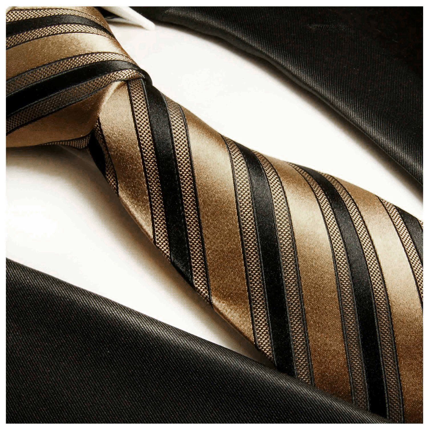 Paul Malone Krawatte Herren (8cm), Breit mit 281 (Set, Einstecktuch) Seide mit 2-St., Krawatte 100% Seidenkrawatte modern braun schwarz gestreift Tuch